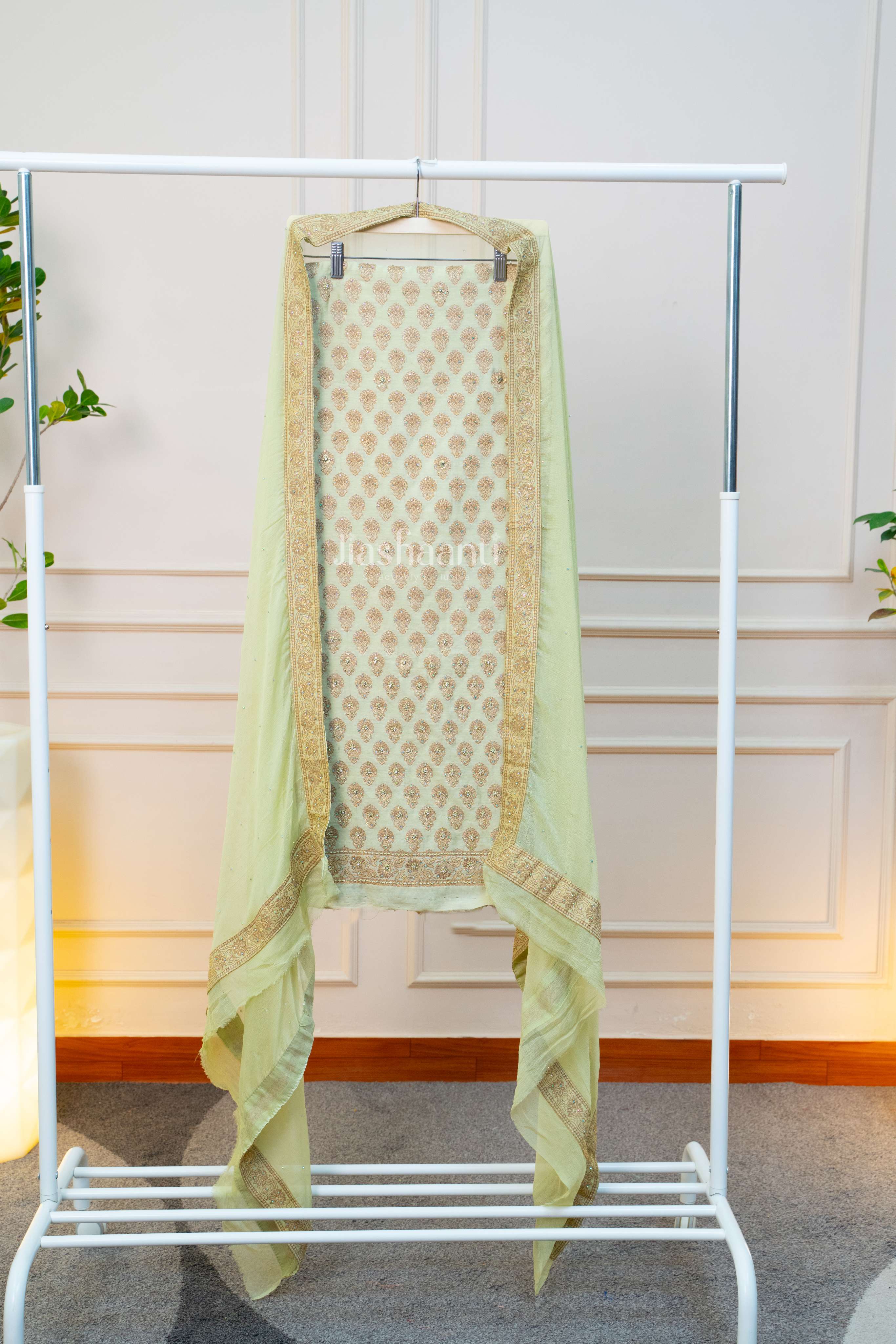 Elegant Pastel Green Embroidered Unstitched Suit Set