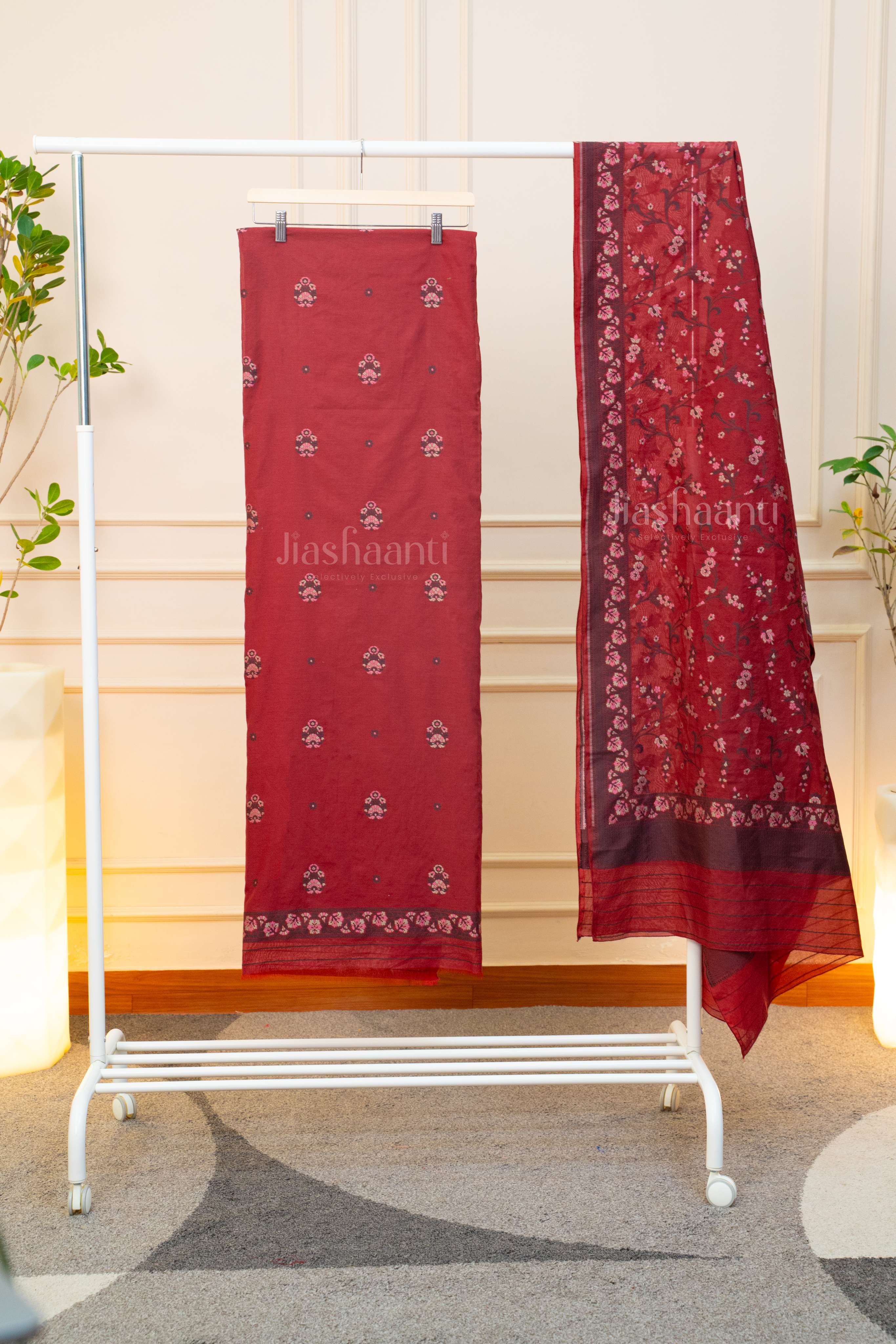 Deep Wine Floral Elegance Unstitched Suit Set