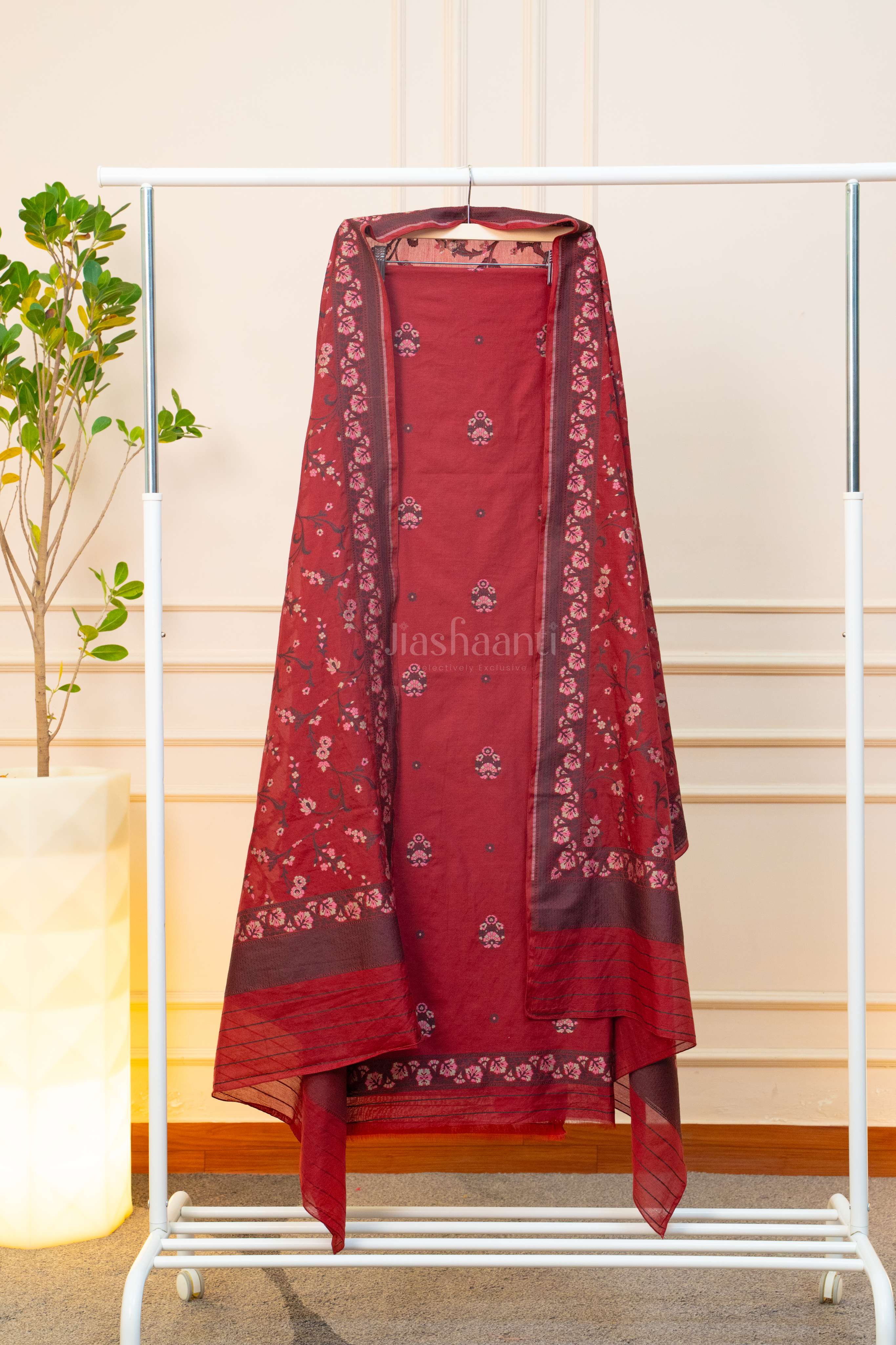 Deep Wine Floral Elegance Unstitched Suit Set
