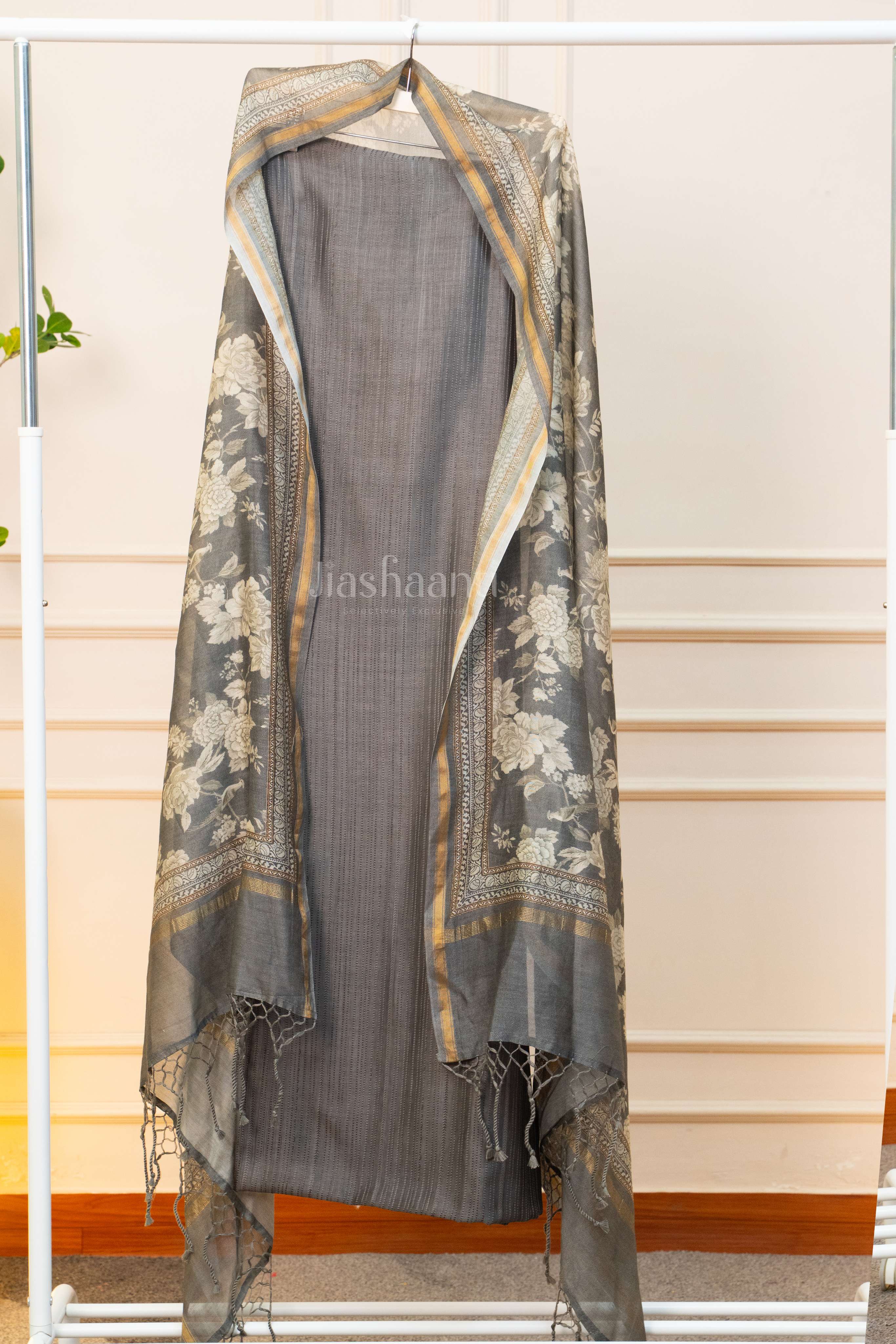Elegant Gray Embroidered Suit Set