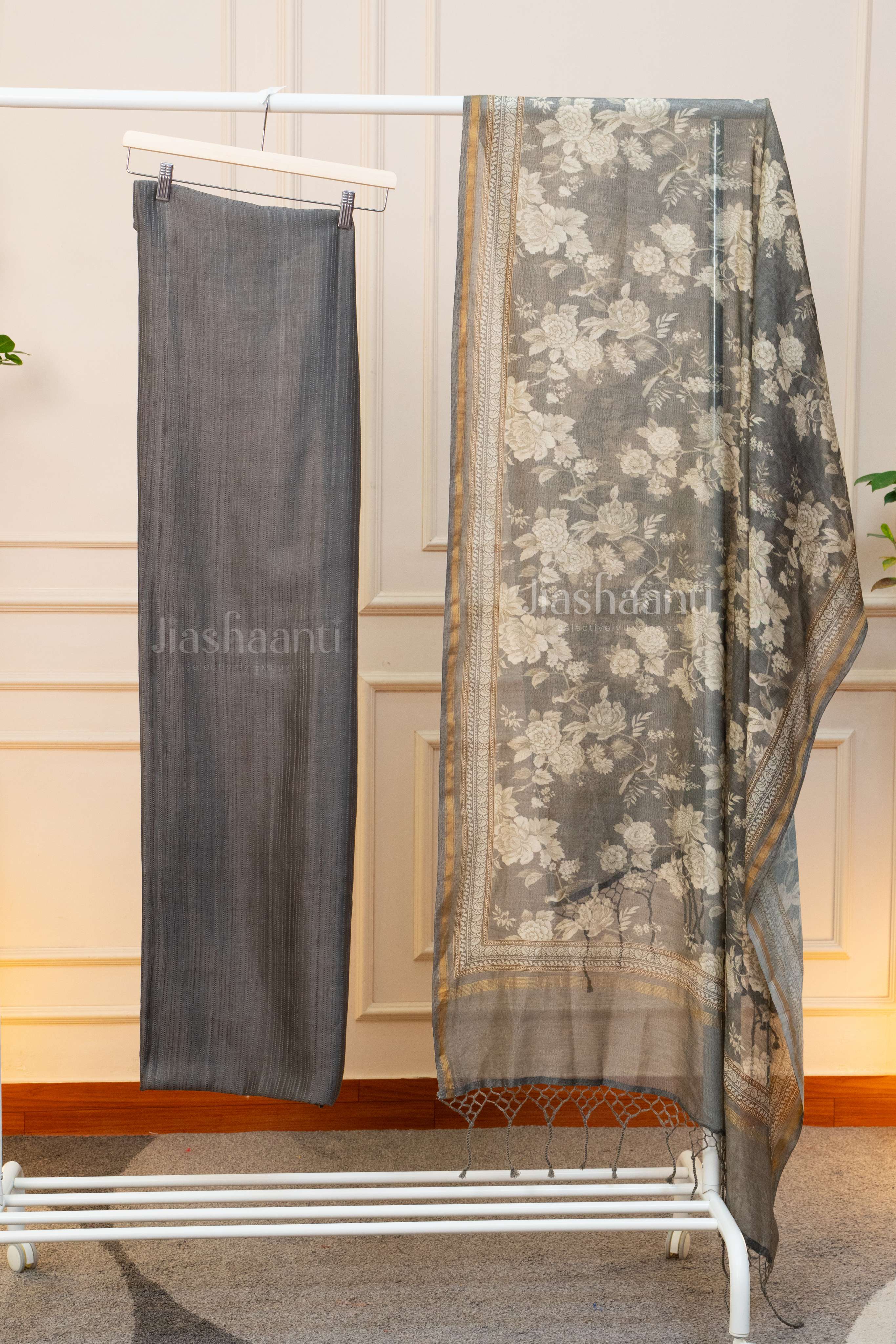 Elegant Gray Embroidered Suit Set