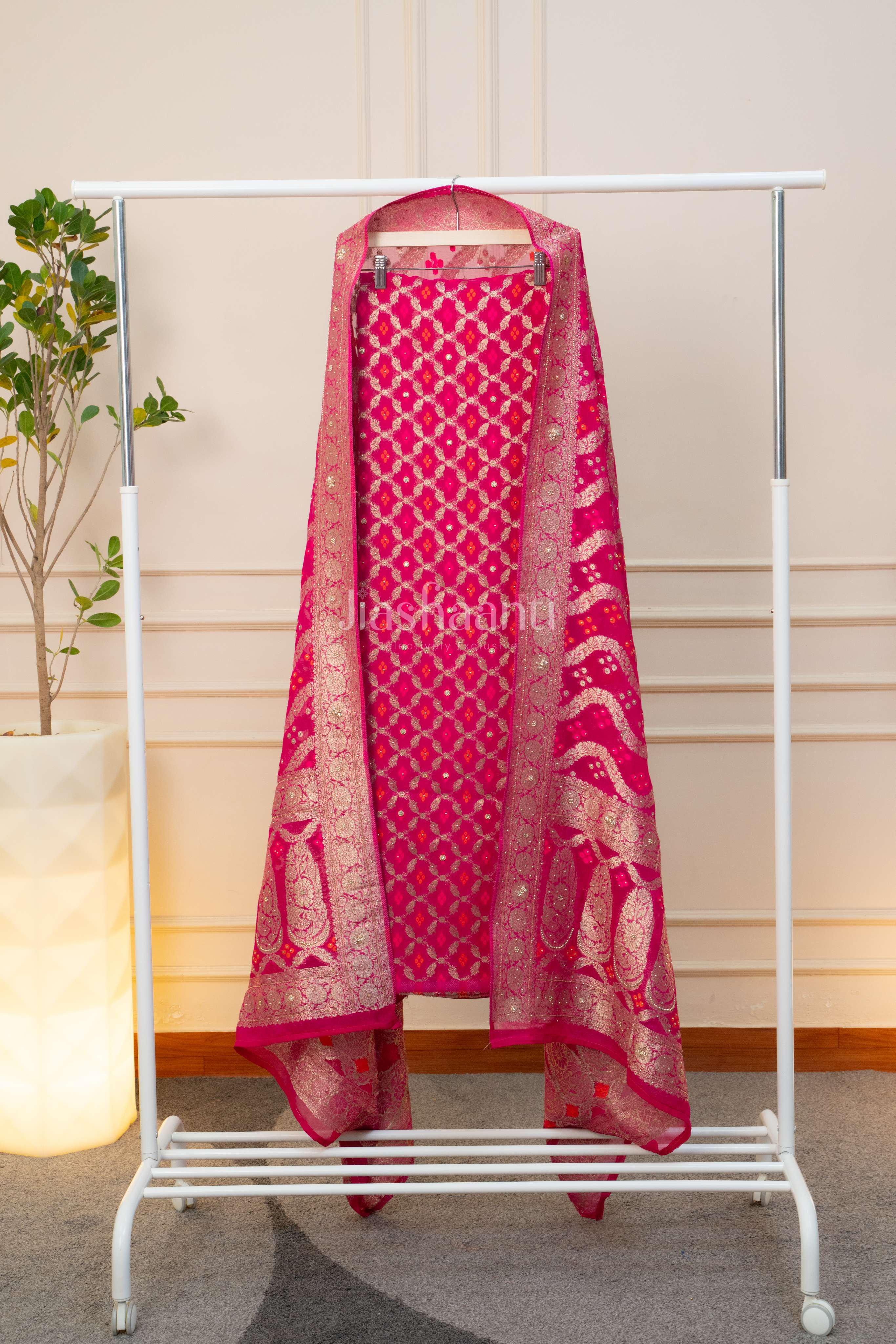 Rich Rani Pink Jacquard Suit Set