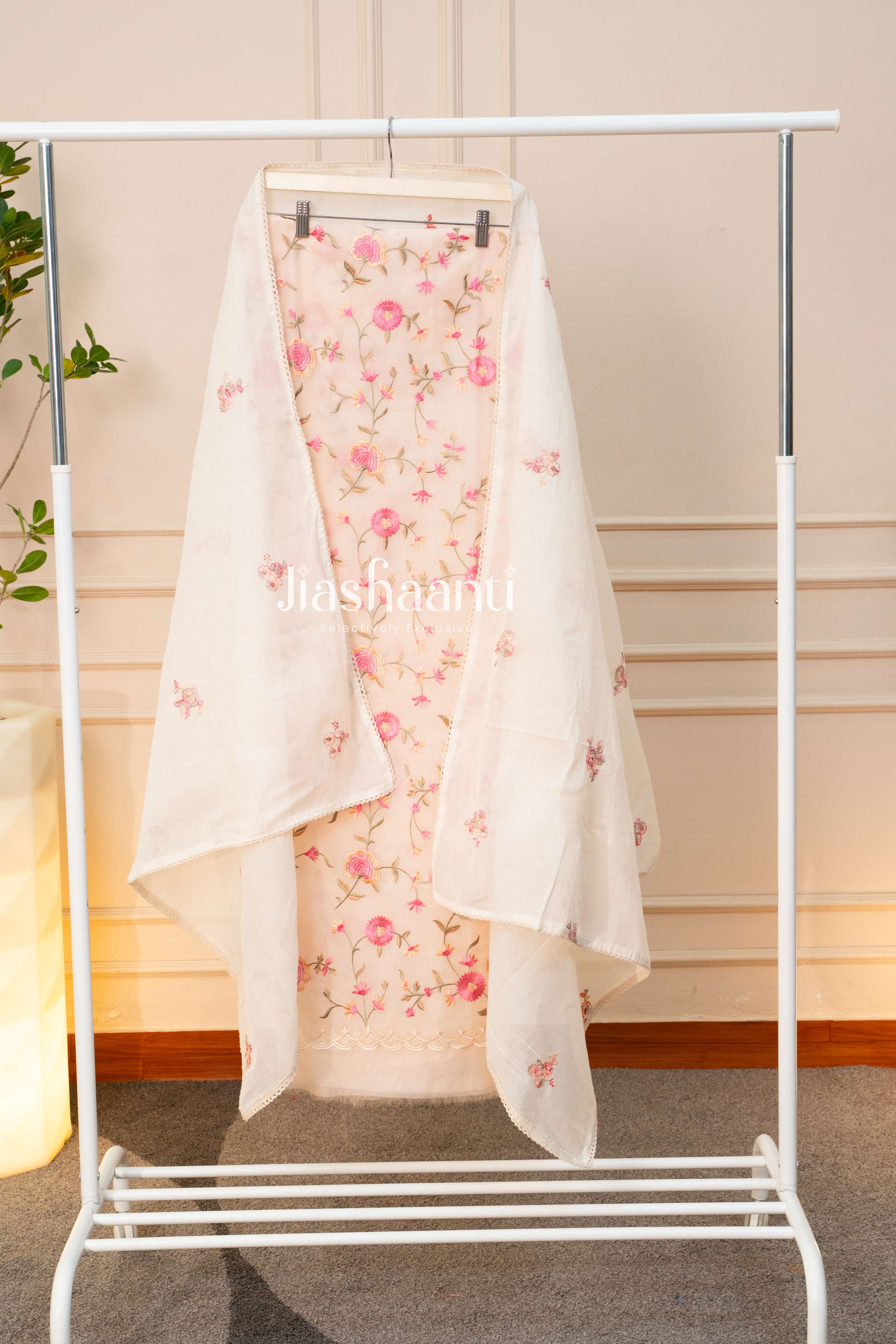 Graceful Off-White Floral Embroidered Suit Set