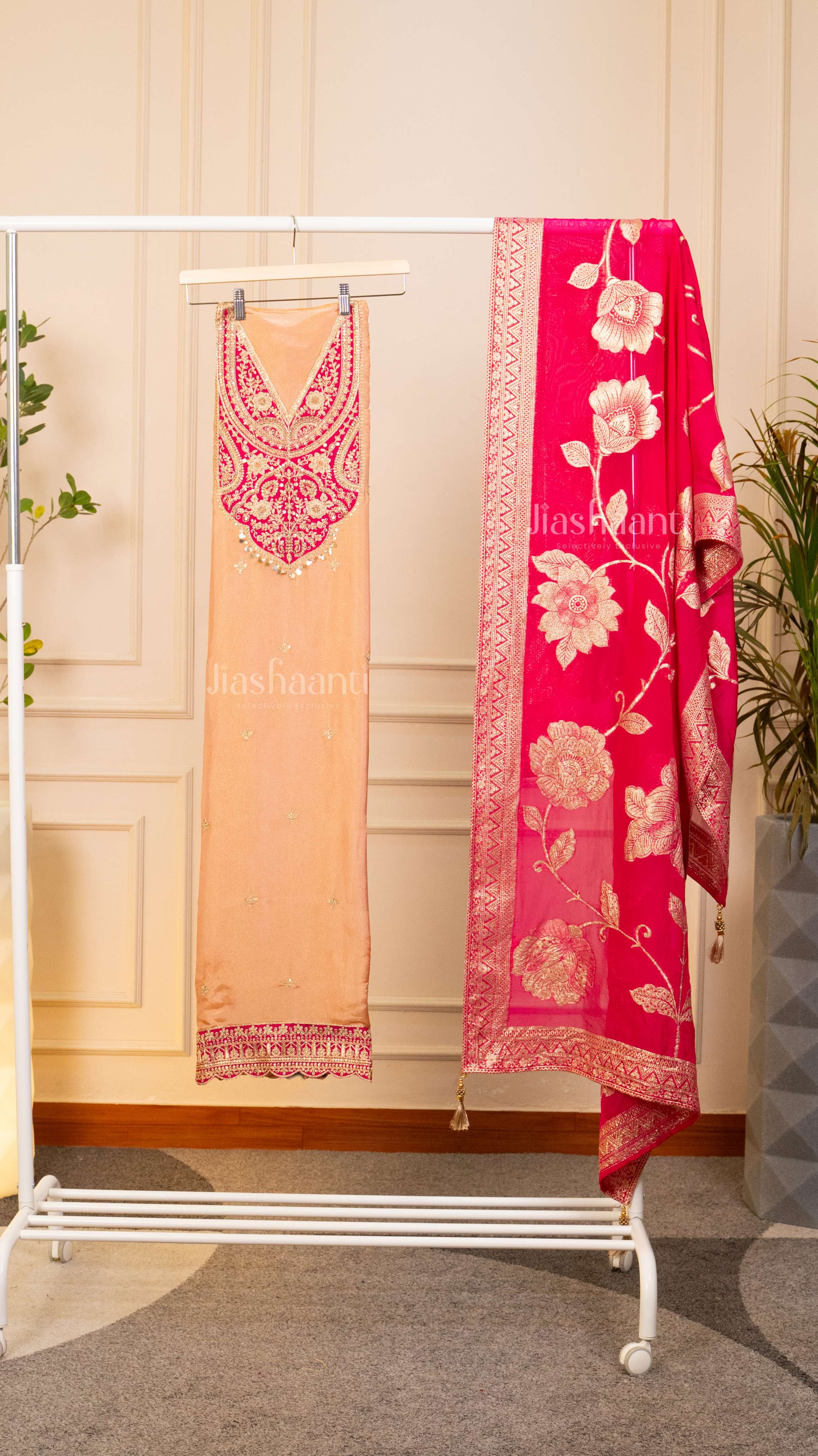 Elegant Peach Unstiched Suit Set