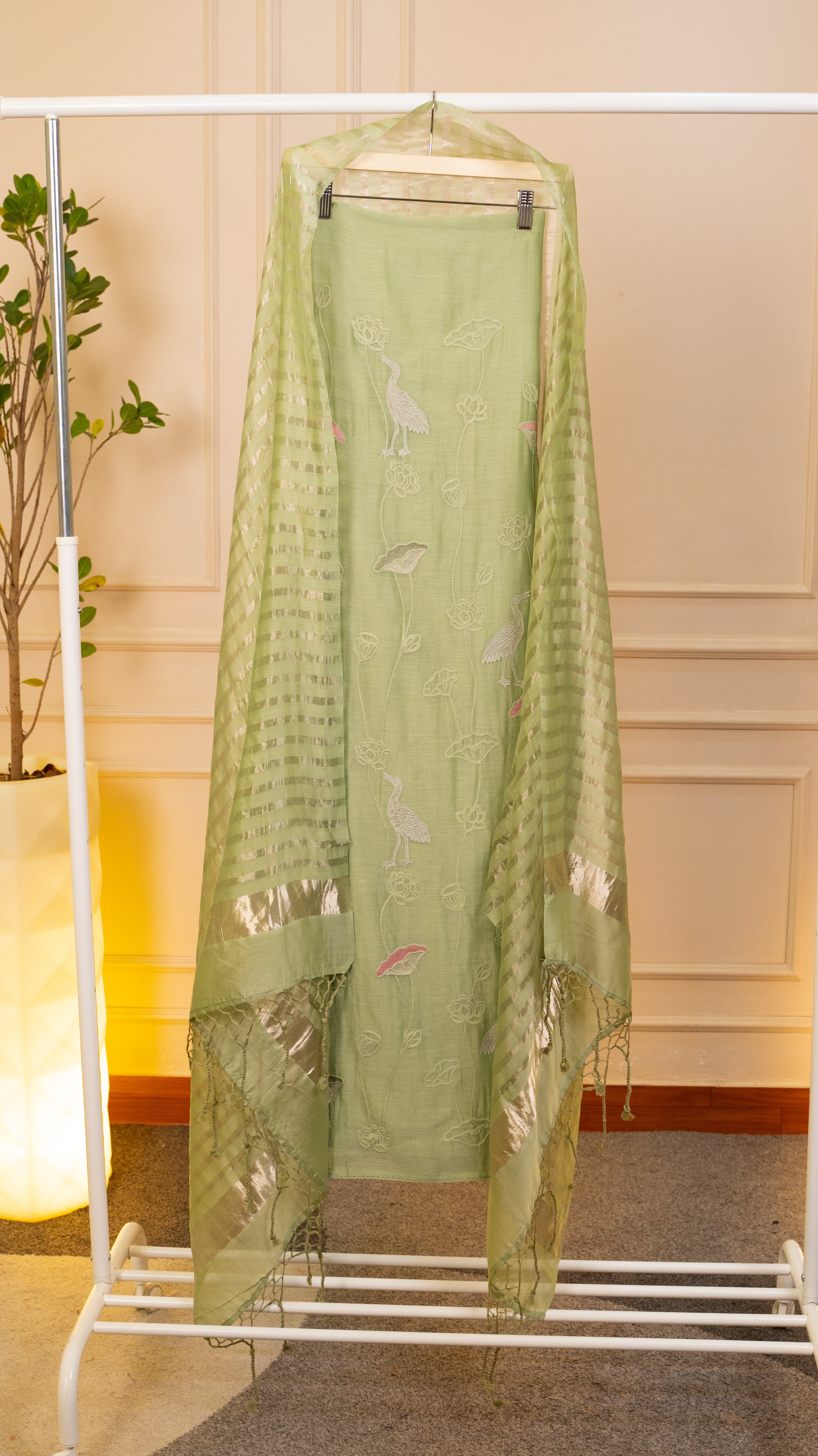 Sage Green Embroidered Chanderi Silk Unstitched Suit Set