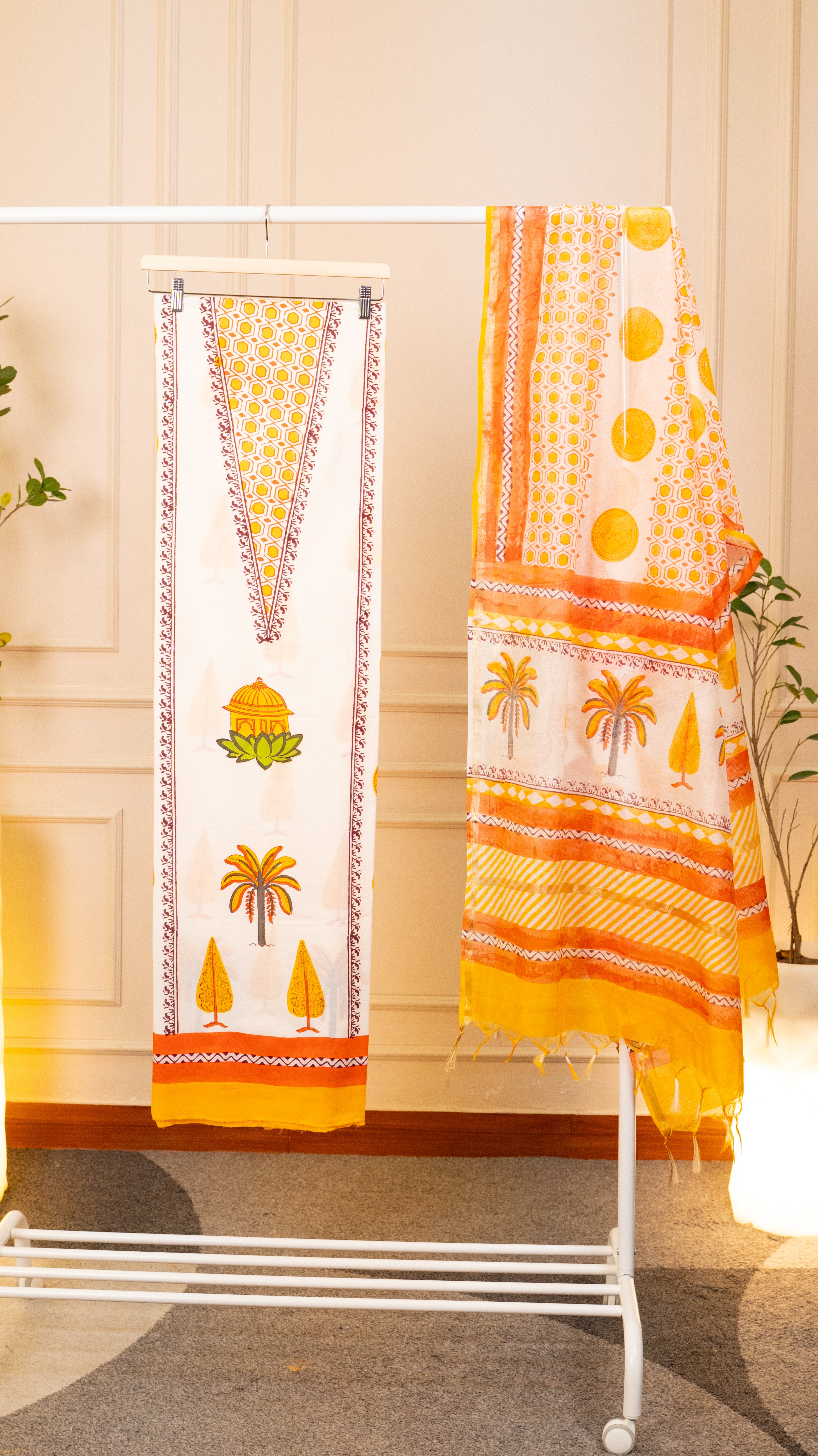 Sunrise Yellow Hand-Block Printed Chanderi Unstitched Suit Set