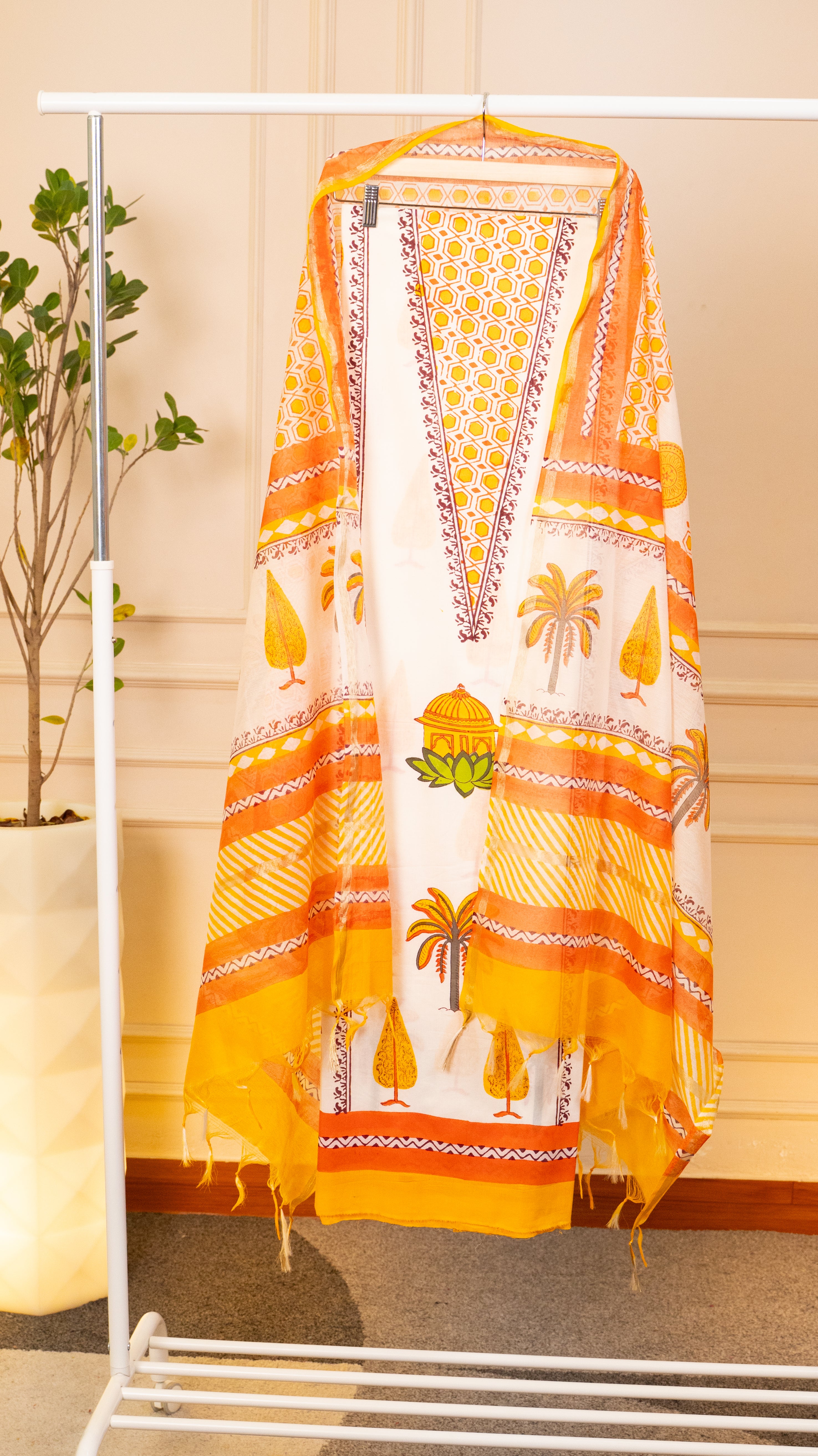 Sunrise Yellow Hand-Block Printed Chanderi Unstitched Suit Set