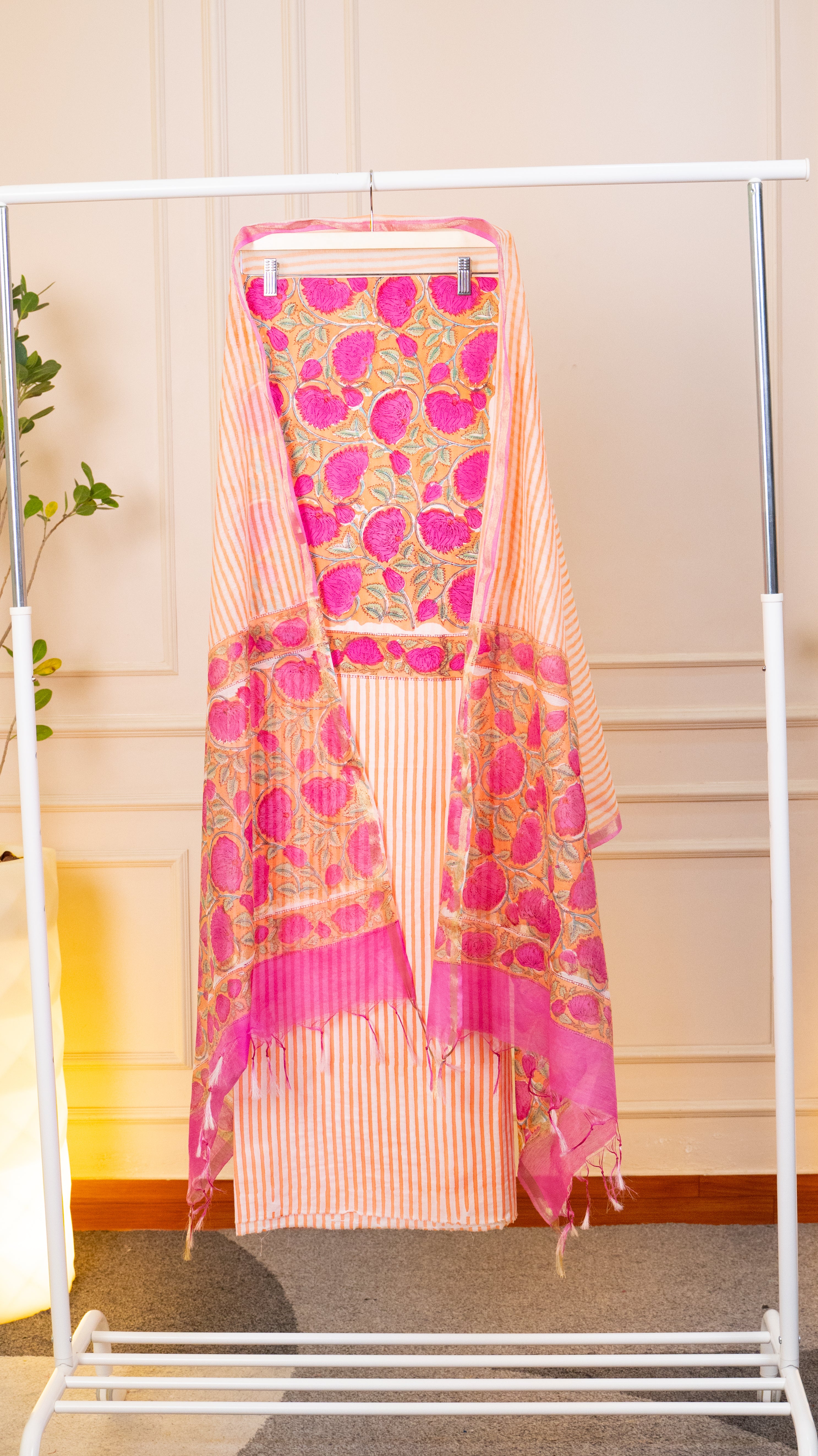 Peachy-Pink Floral Aari Work Unstitched Chanderi Suit Set