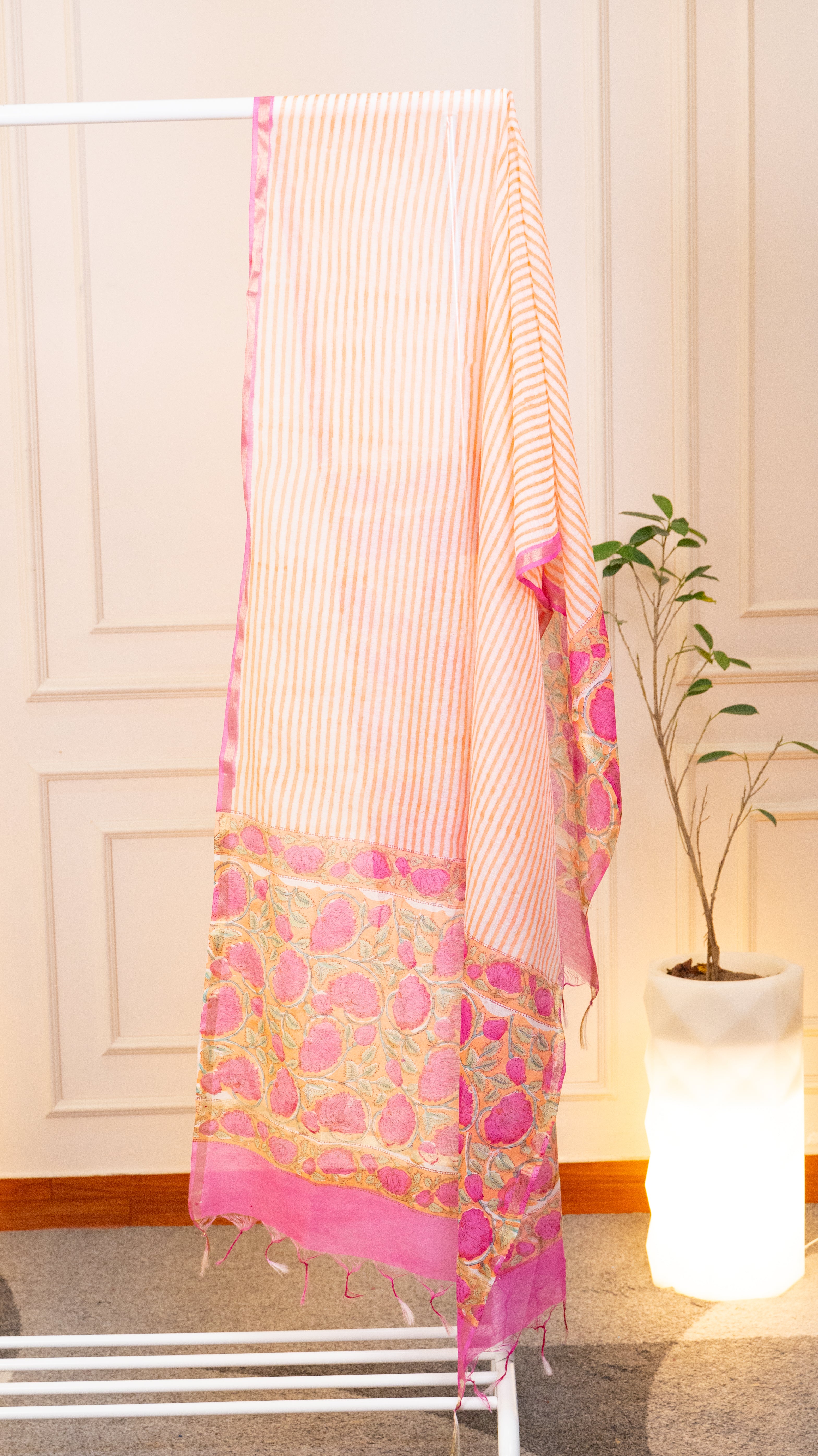Peachy-Pink Floral Aari Work Unstitched Chanderi Suit Set