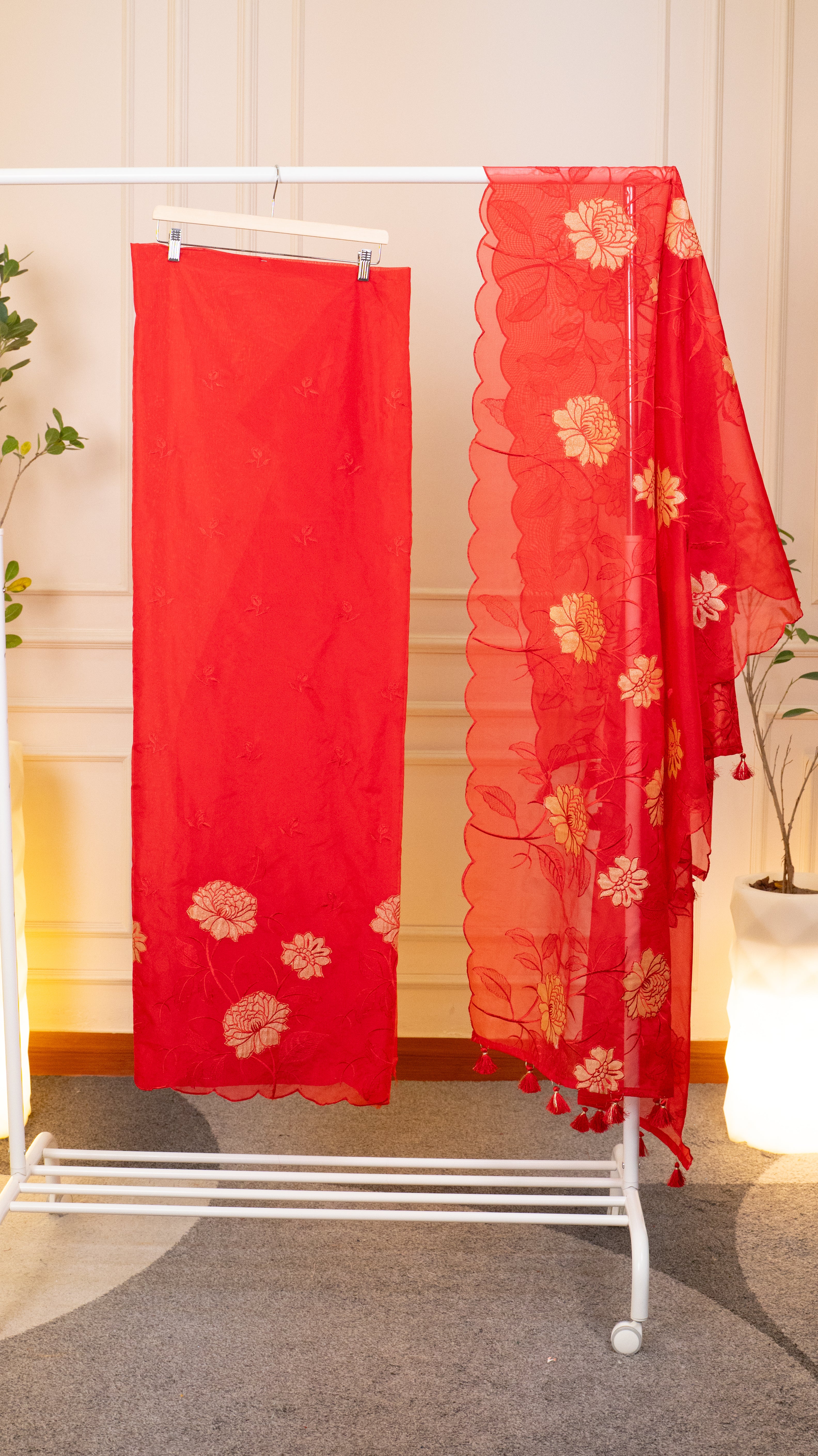 Scarlet Blossom Hand-Embroidered Organza Unstitched Suit Set