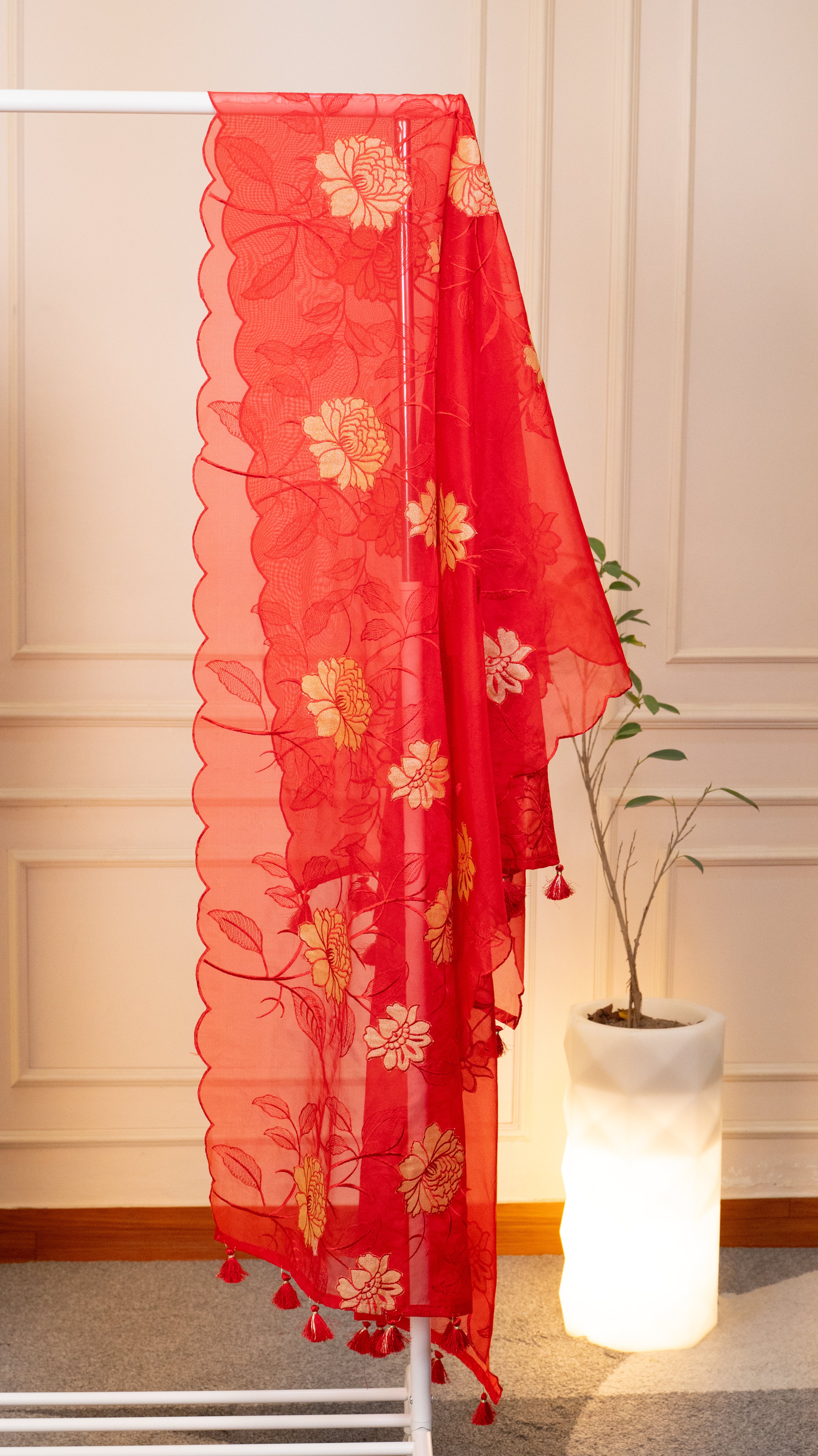 Scarlet Blossom Hand-Embroidered Organza Unstitched Suit Set