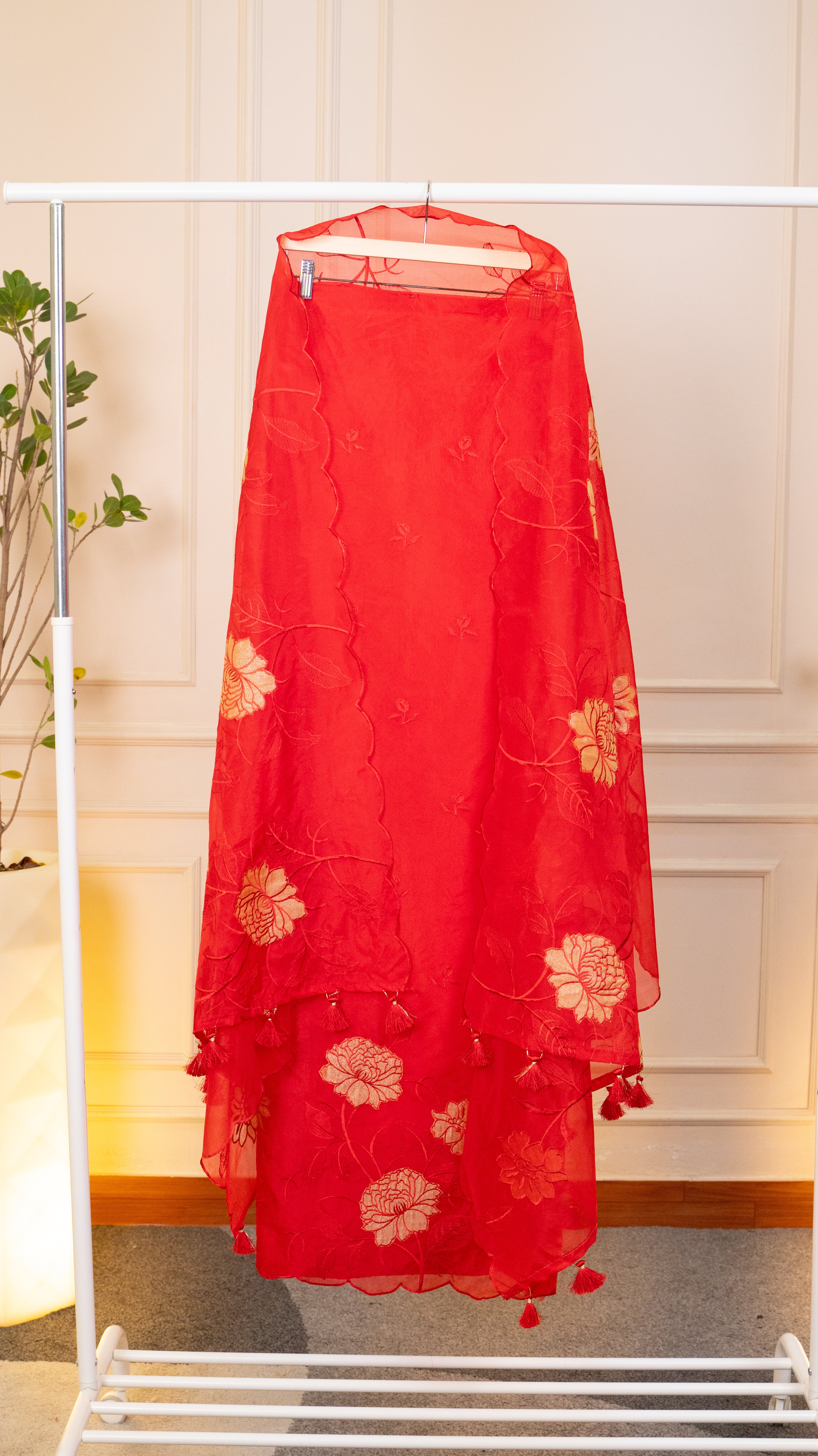 Scarlet Blossom Hand-Embroidered Organza Unstitched Suit Set