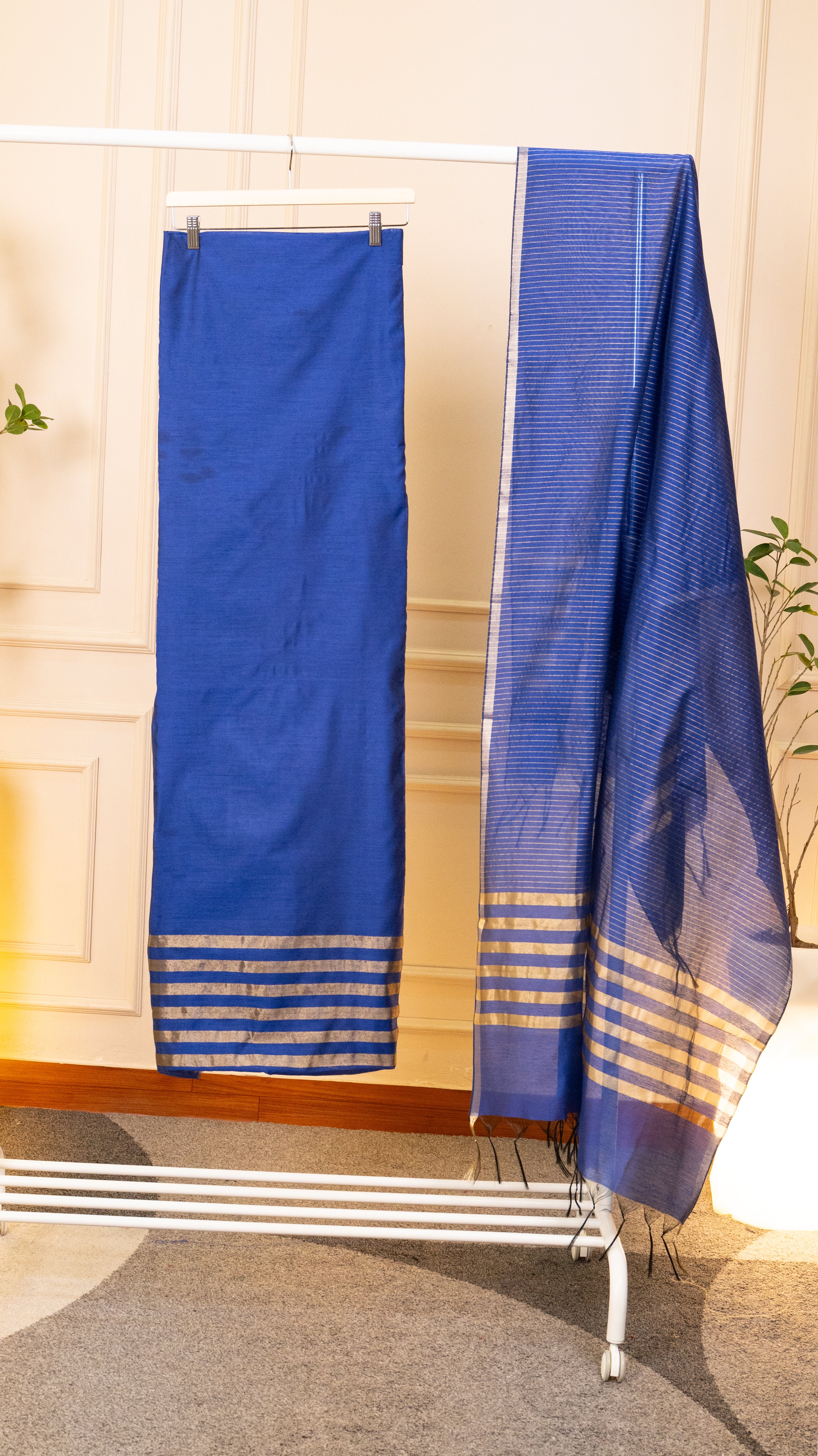Royal Blue Chanderi Silk Unstitched Suit Set