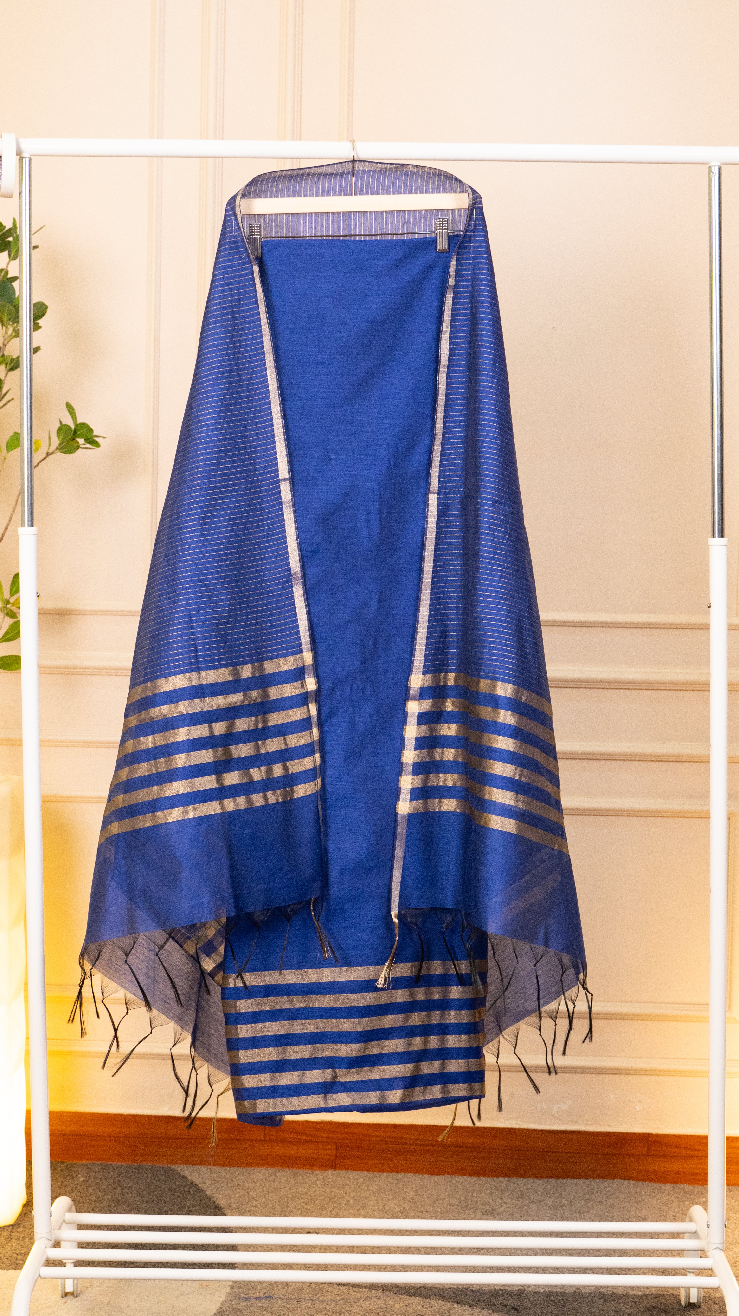 Royal Blue Chanderi Silk Unstitched Suit Set