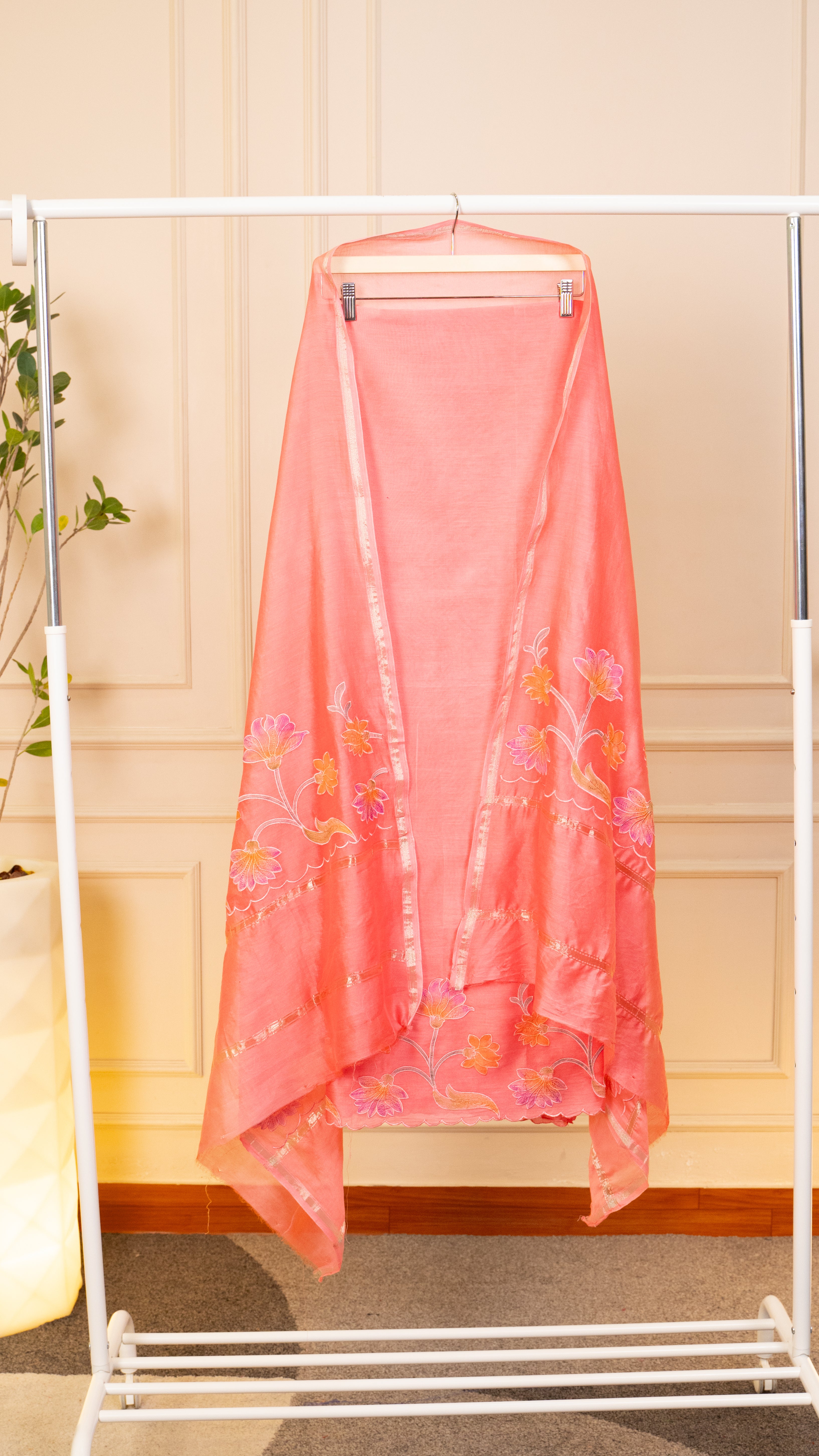 Product Name Coral Bloom Hand-Embroidered Chanderi Silk Unstitched Suit Set