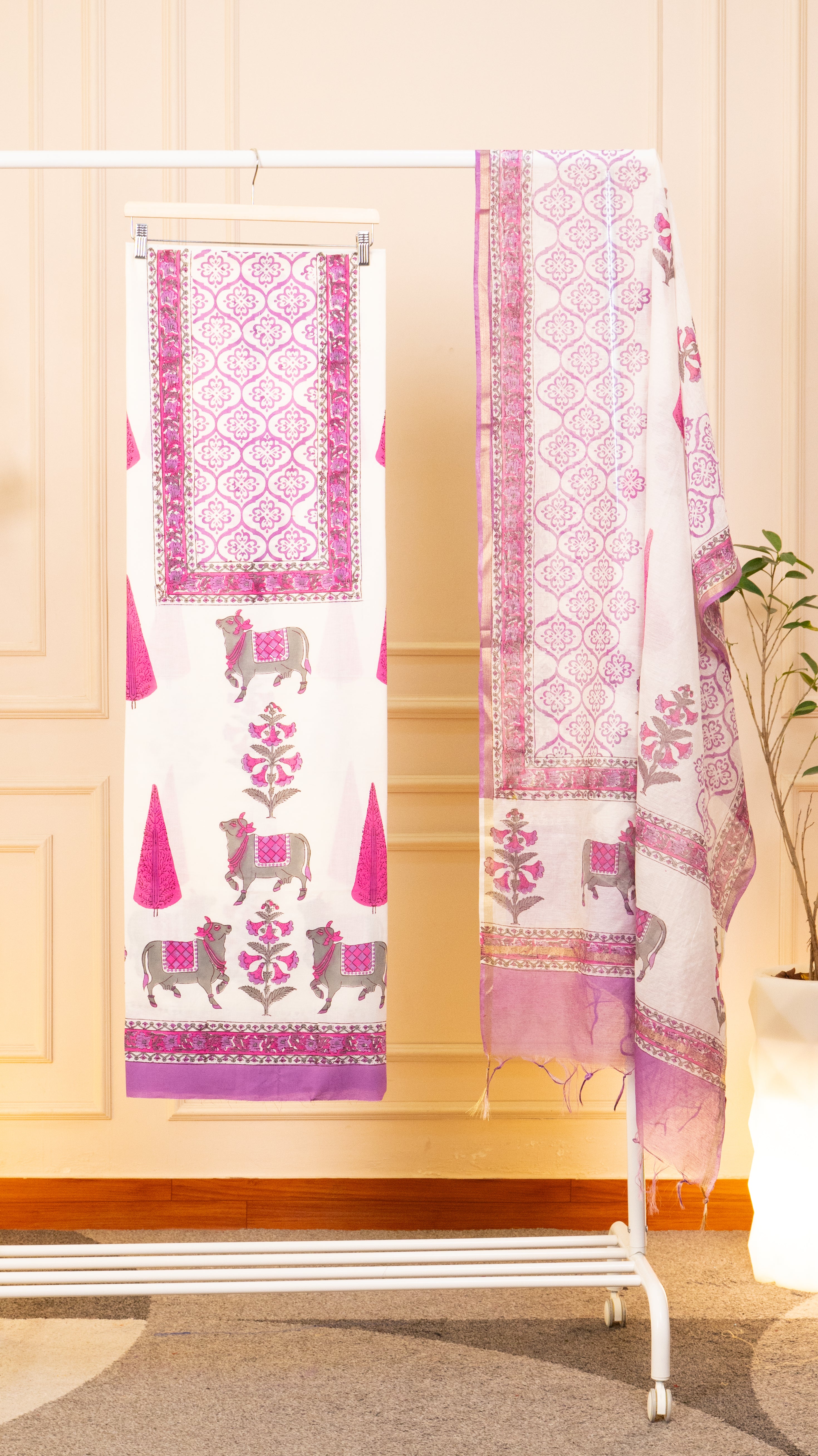 Pichwai Inspired Floral & Nandi Print Unstitched Suit Set