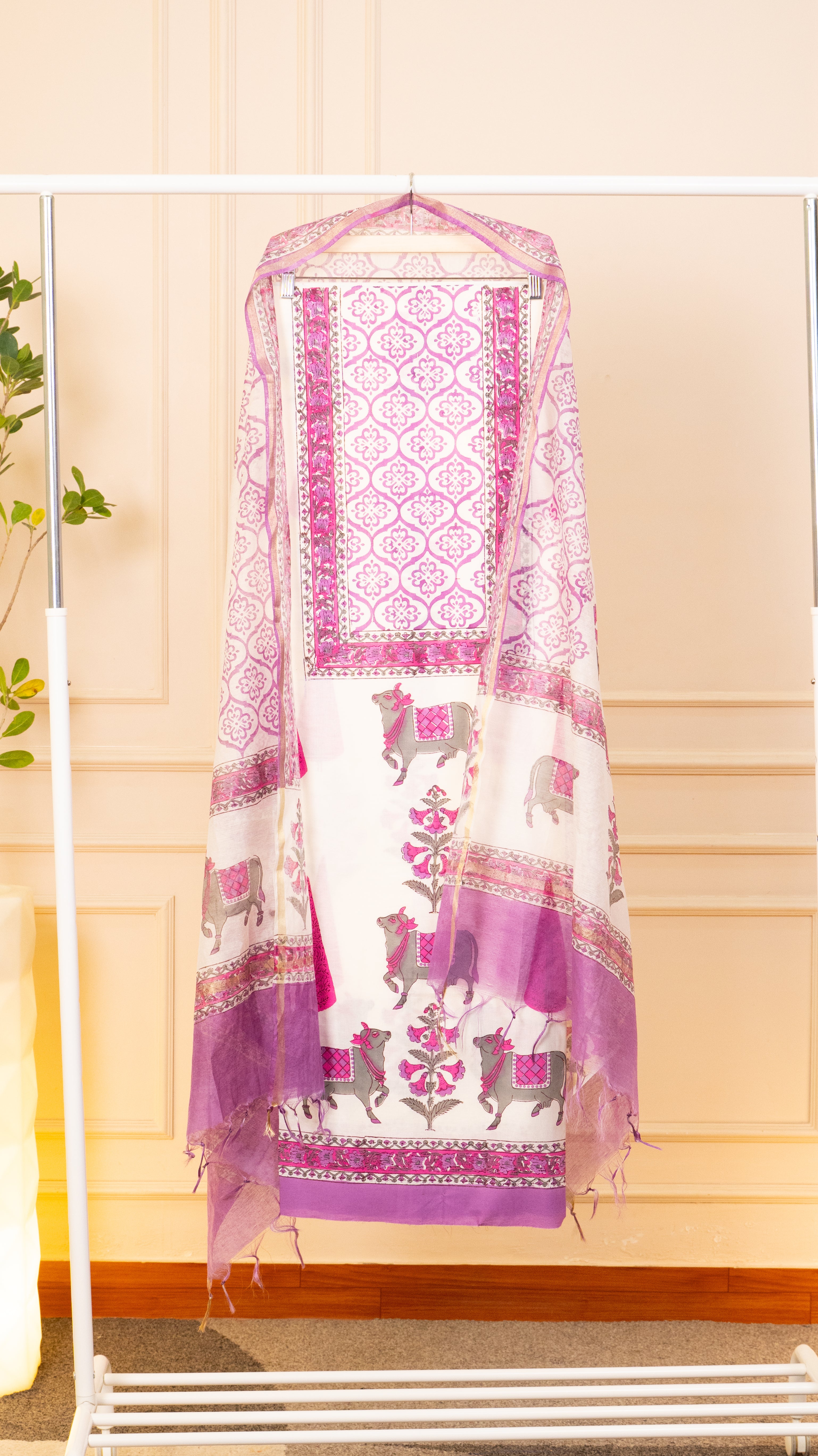 Pichwai Inspired Floral & Nandi Print Unstitched Suit Set