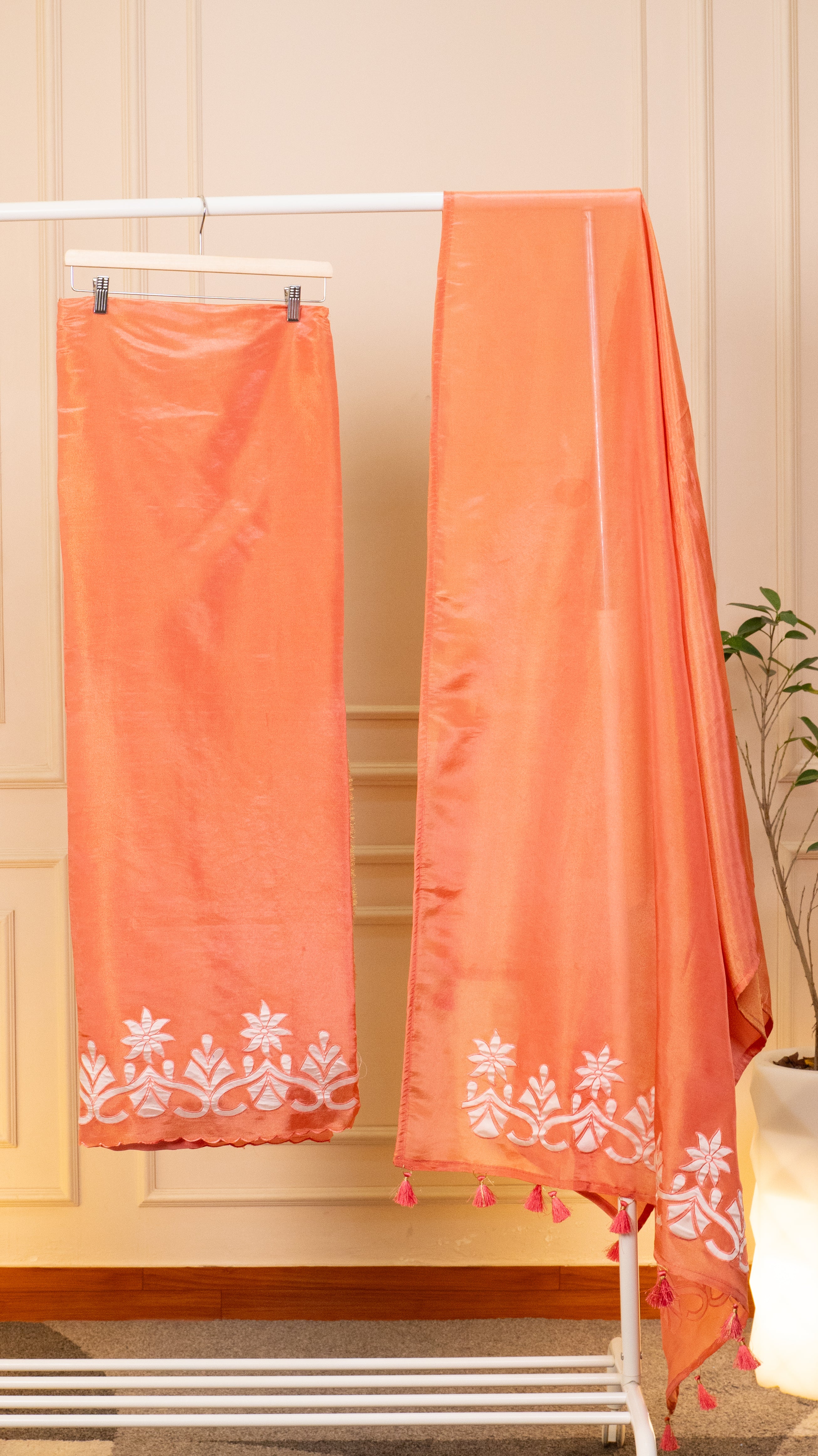 Product Name Peach Nectar Hand-Embroidered Satin Silk Unstitched Suit Set