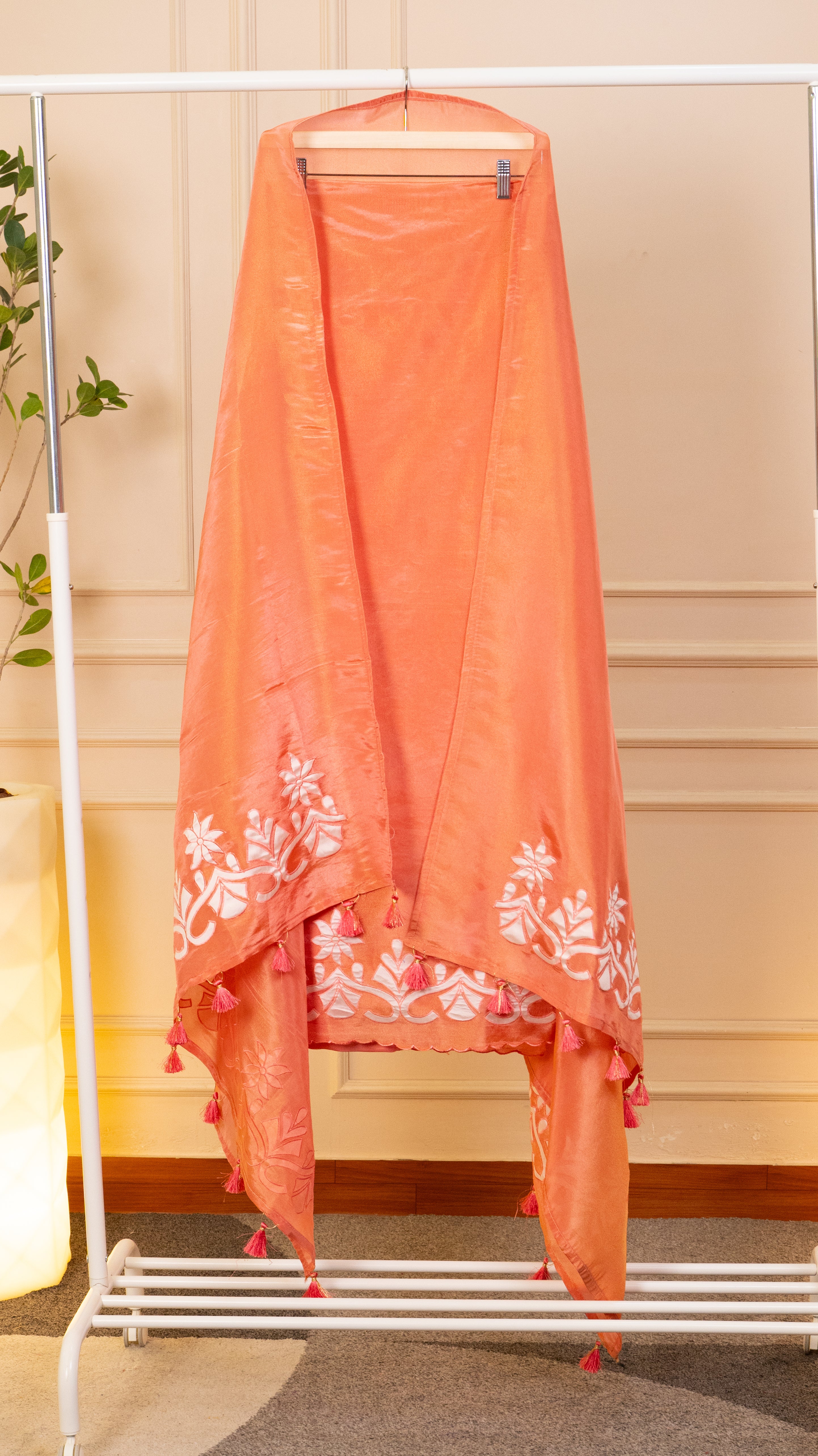 Product Name Peach Nectar Hand-Embroidered Satin Silk Unstitched Suit Set
