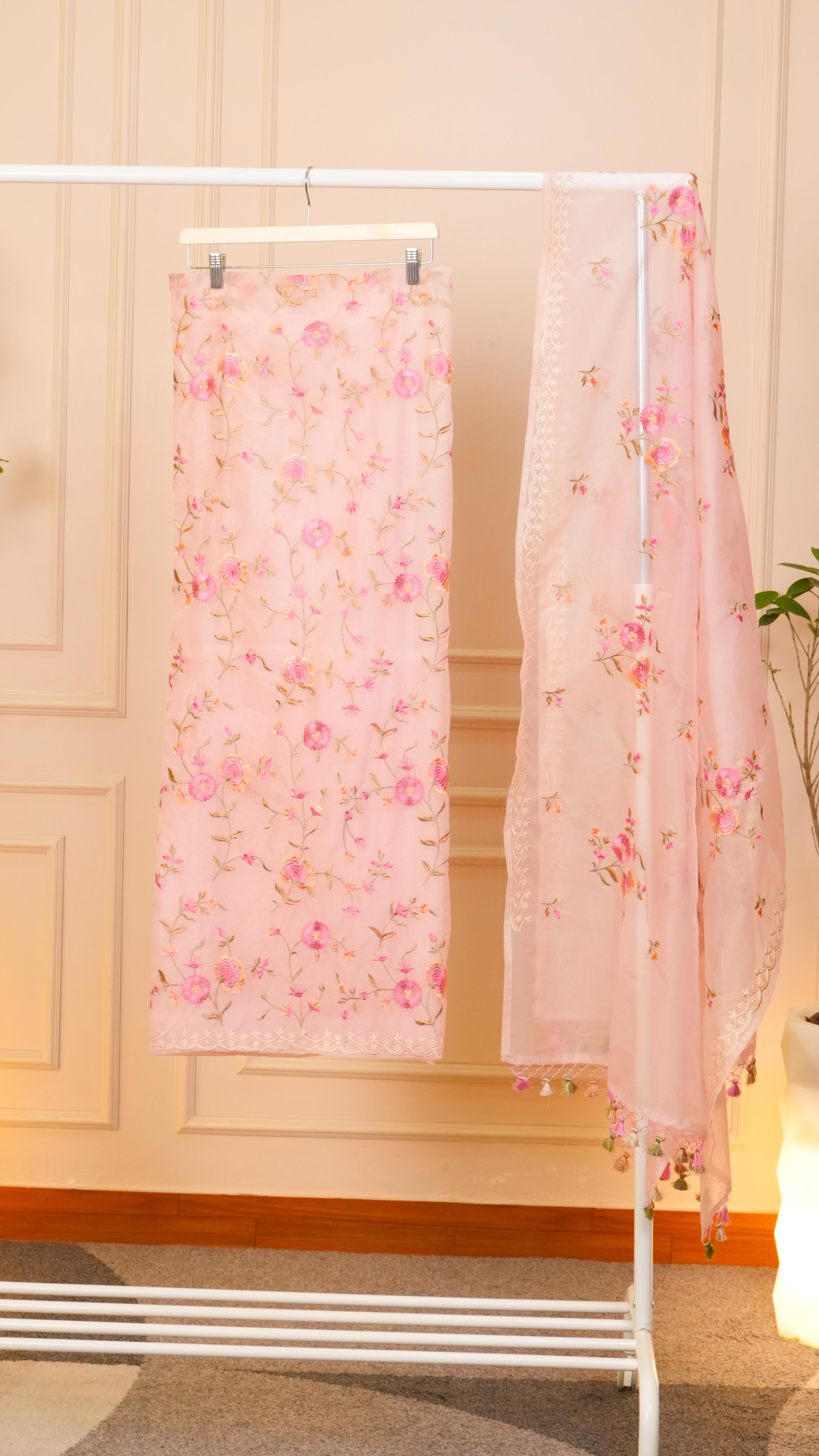 Blush Rose Floral Embroidered Organza Unstitched Suit Set