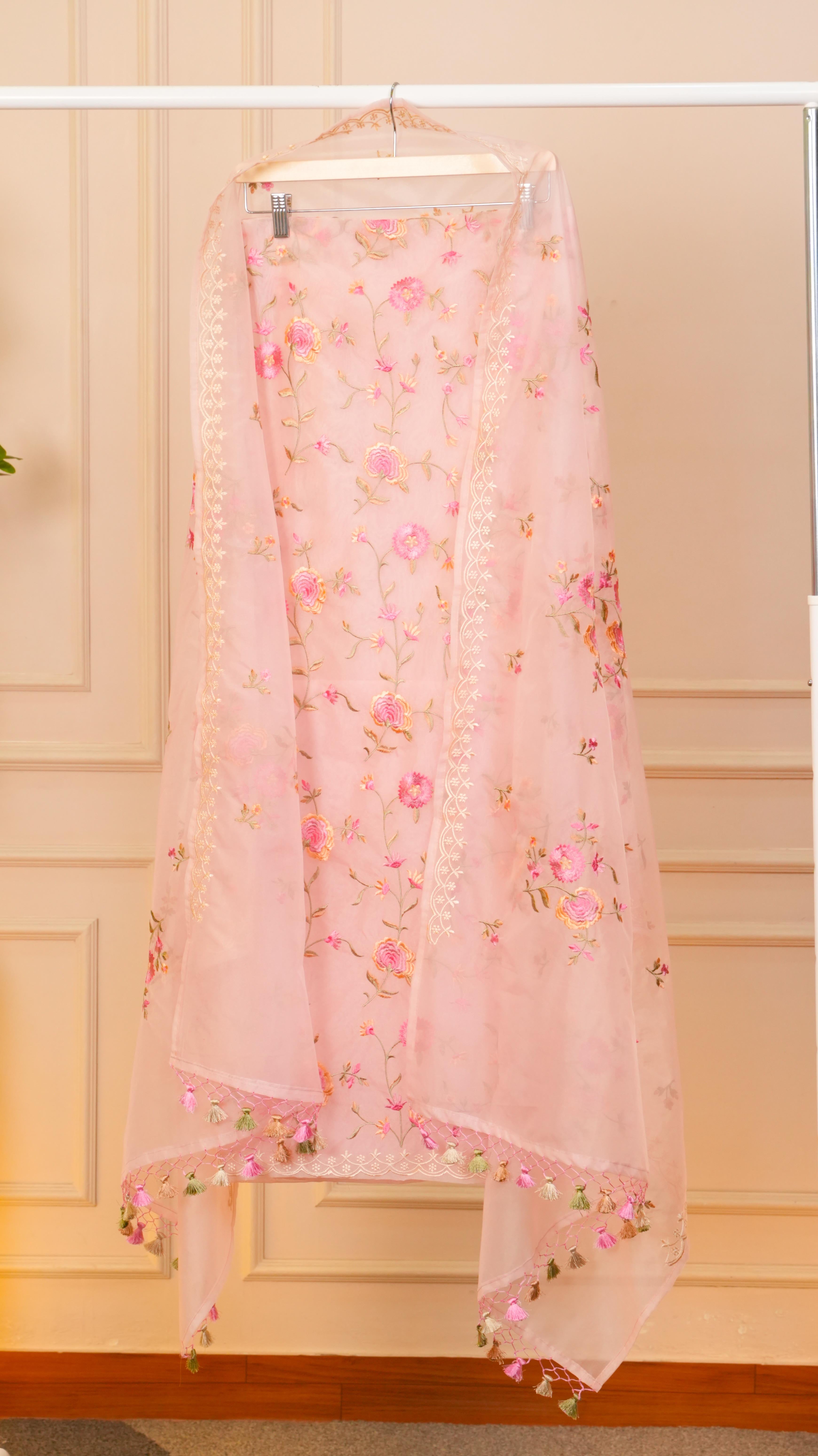 Blush Rose Floral Embroidered Organza Unstitched Suit Set