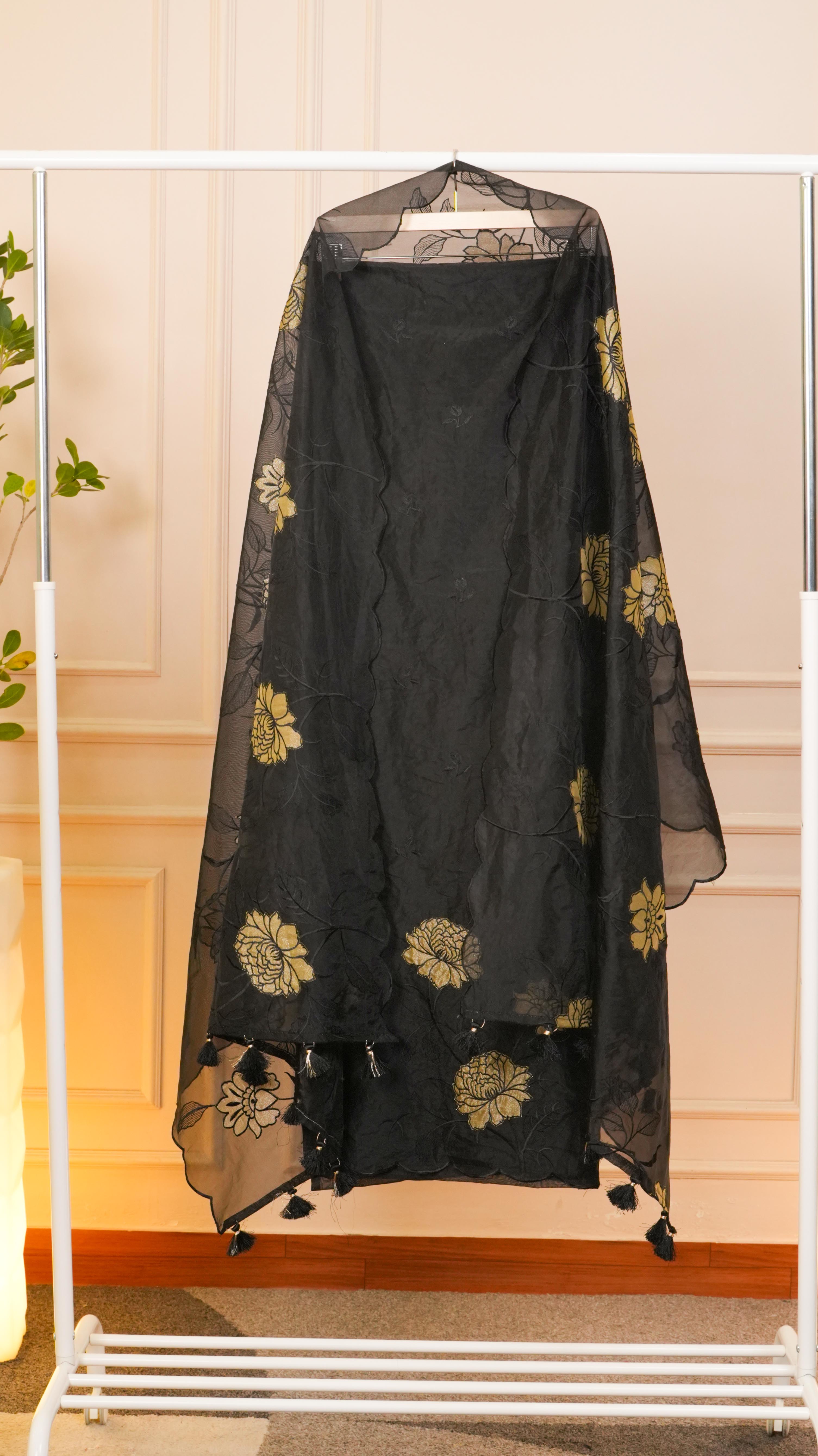 Midnight Noir Embroidered Organza Unstitched Suit Set