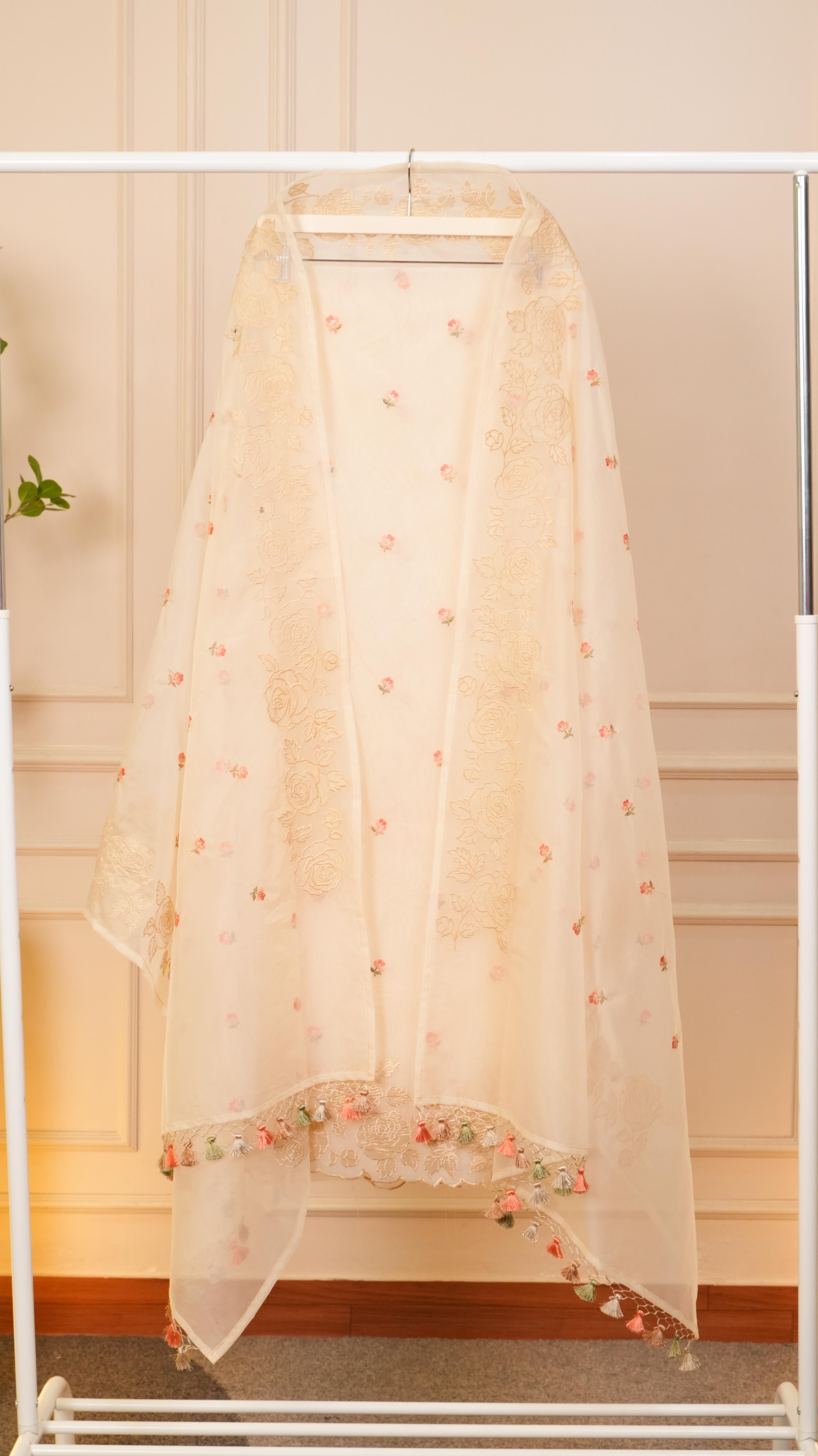 Meadow Mint Pure Organza Rose Embroidered Suit Set