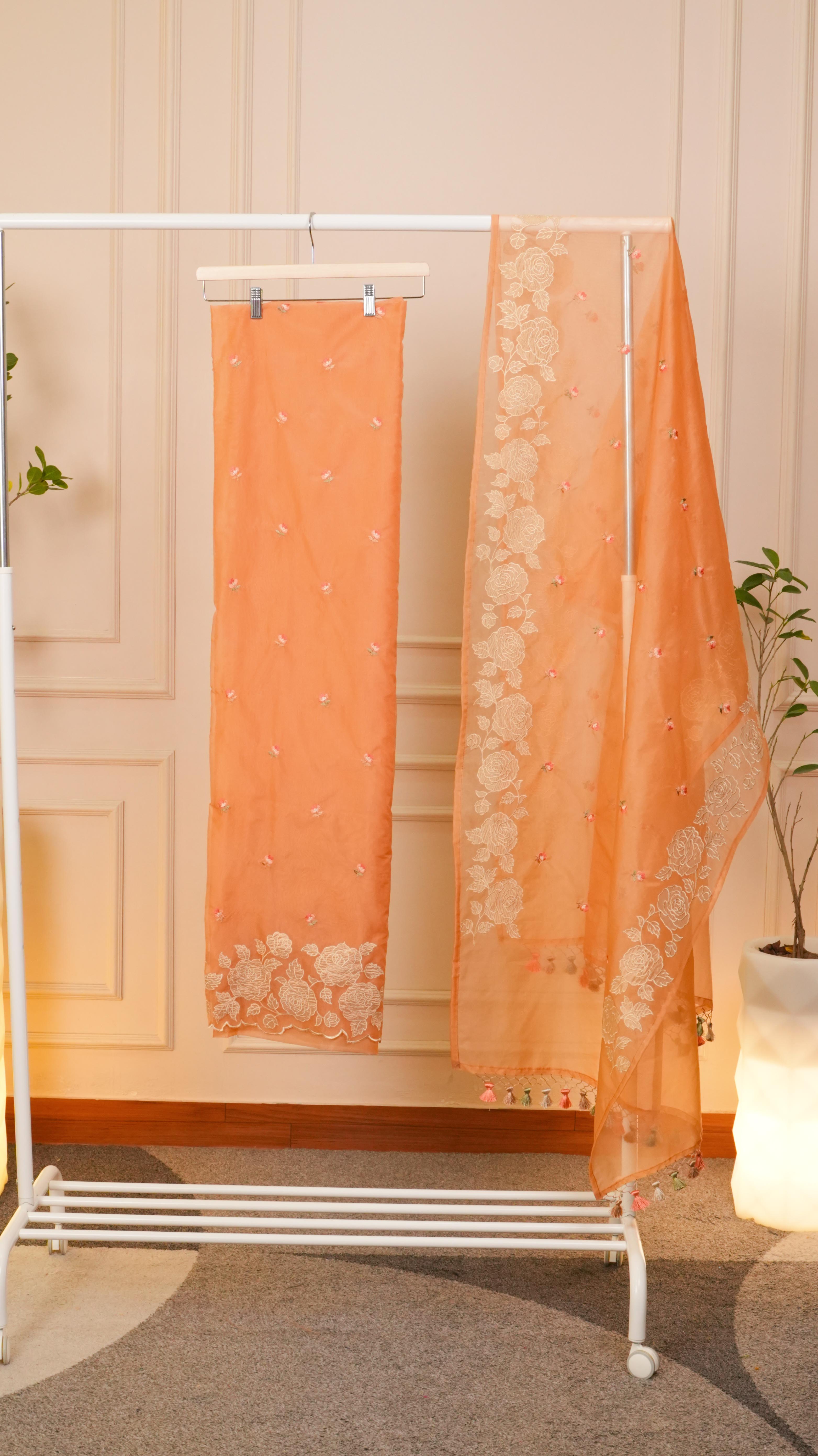 Peach Blossom Pure Organza Rose Embroidered Suit Set