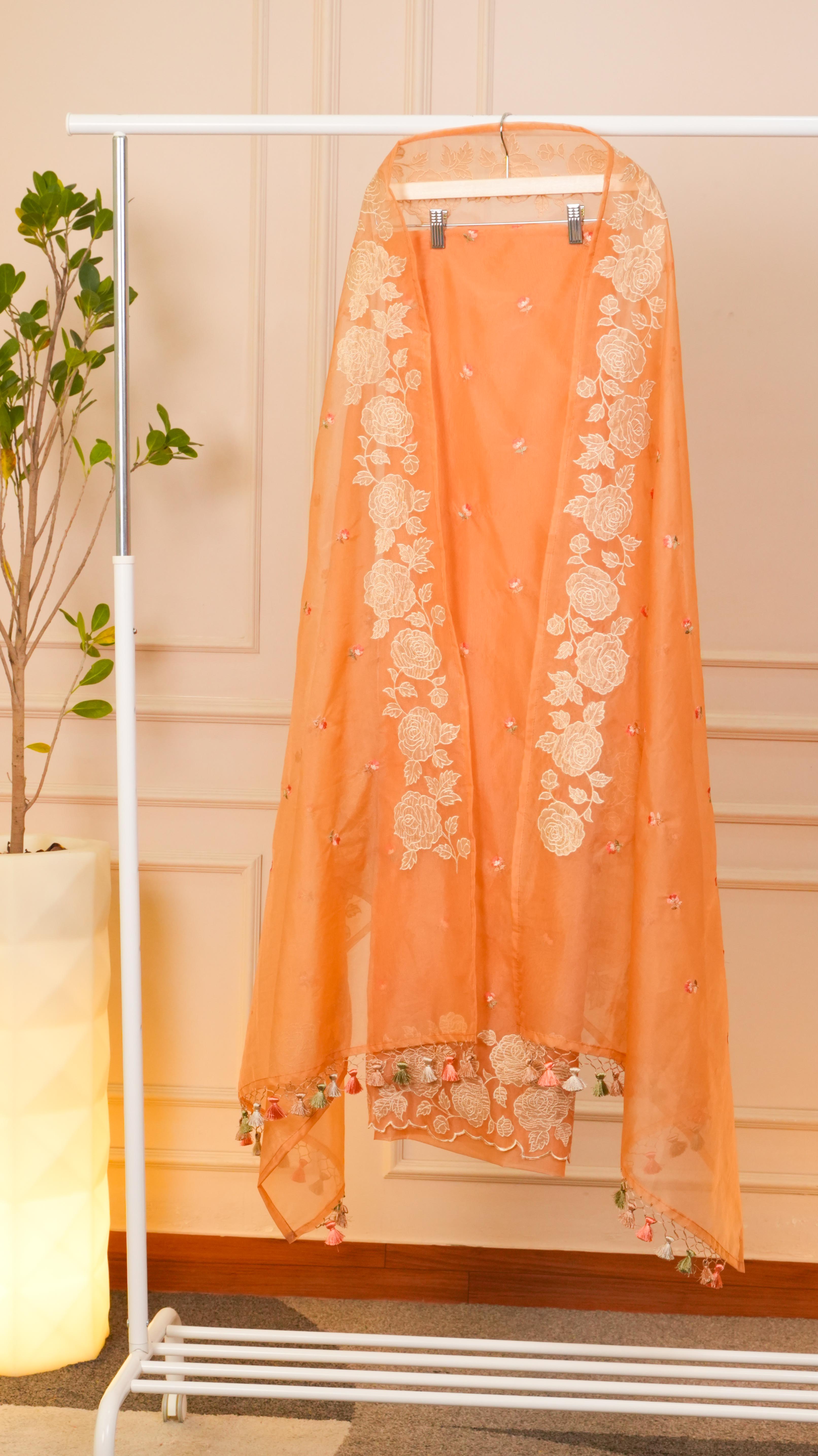 Peach Blossom Pure Organza Rose Embroidered Suit Set