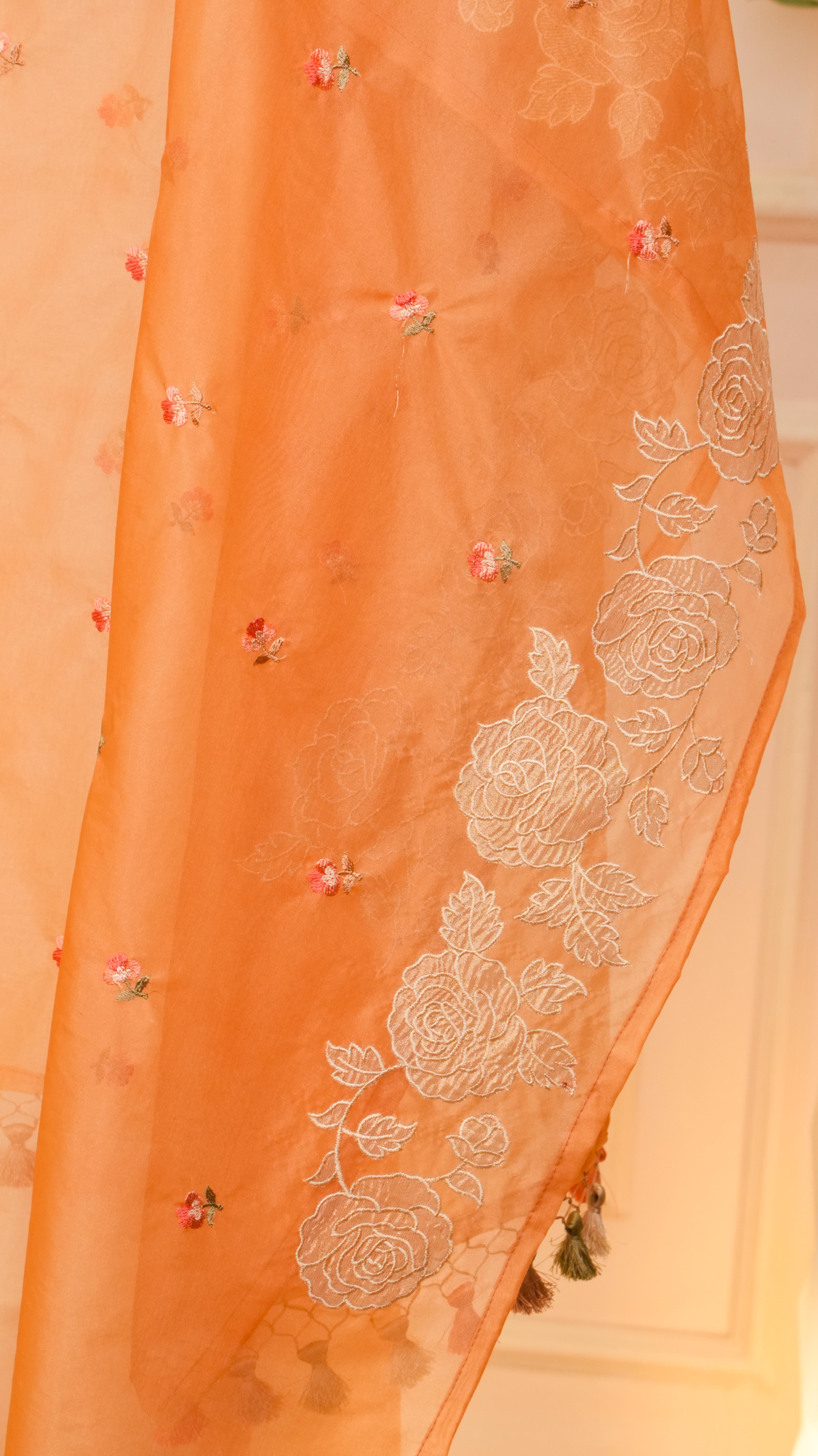 Peach Blossom Pure Organza Rose Embroidered Suit Set