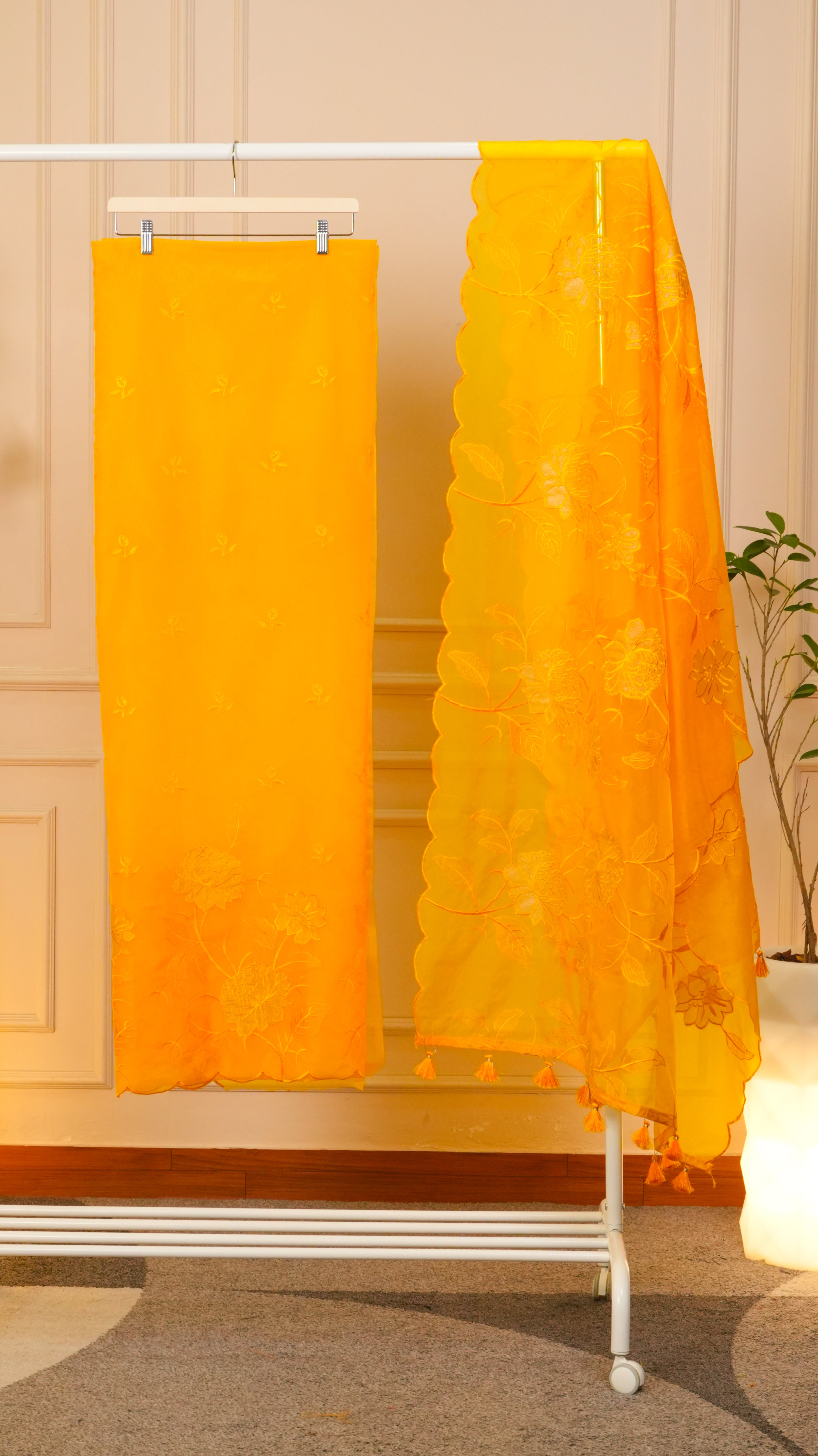 Saffron Blossom Pure Organza Unstitched Suit Set