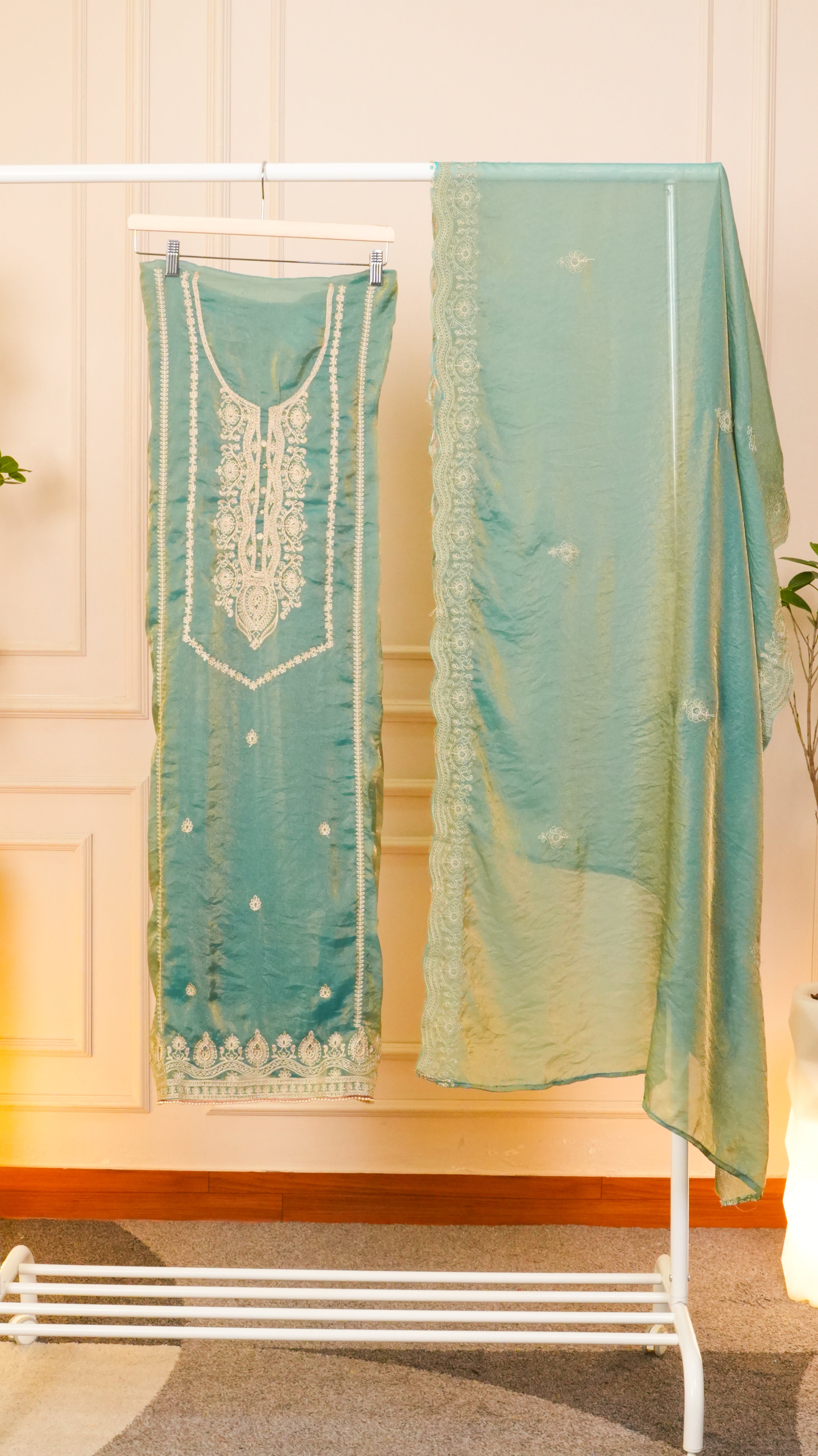 Sky Serenity Pure Organza Floral Embroidered Suit Set
