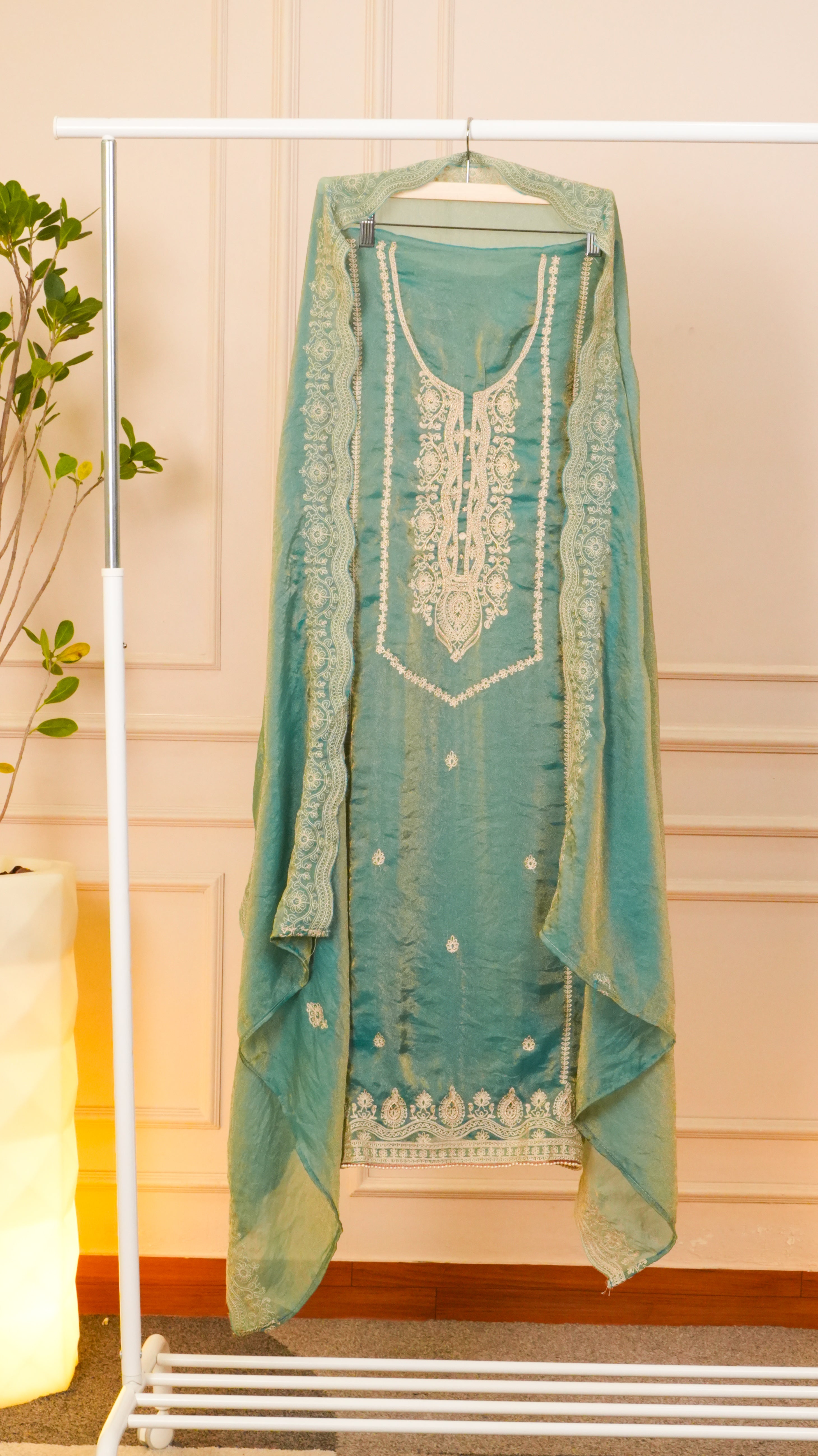 Sky Serenity Pure Organza Floral Embroidered Suit Set