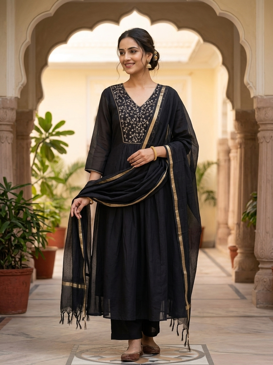 Deep Charcoal Cotton Mul Ensemble Suit Set Front View | Jiashaanti