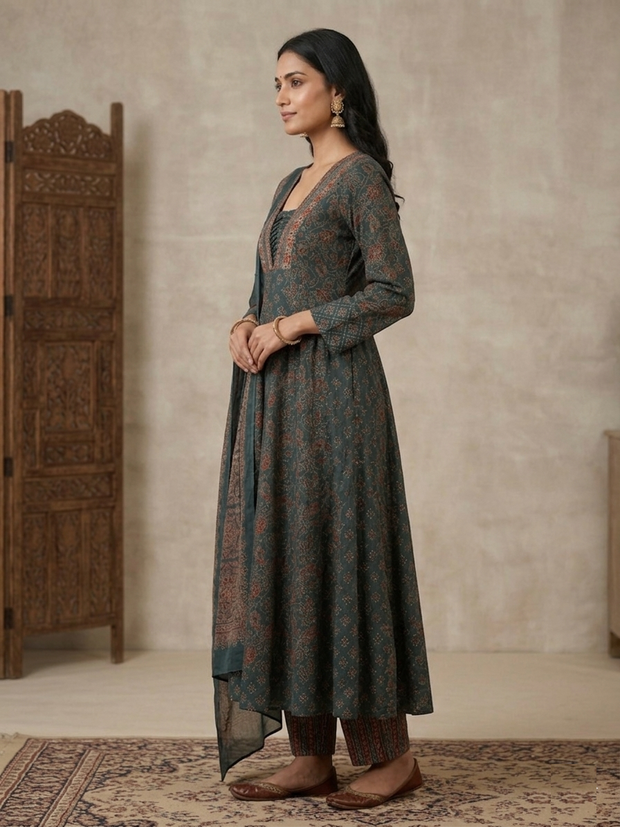 Deep Forest Green Bagru & Sanganeri Fusion Ensemble Suit Set side view highlighting layered drape, rich forest green color and premium handblock printed fabric | Jiashaanti