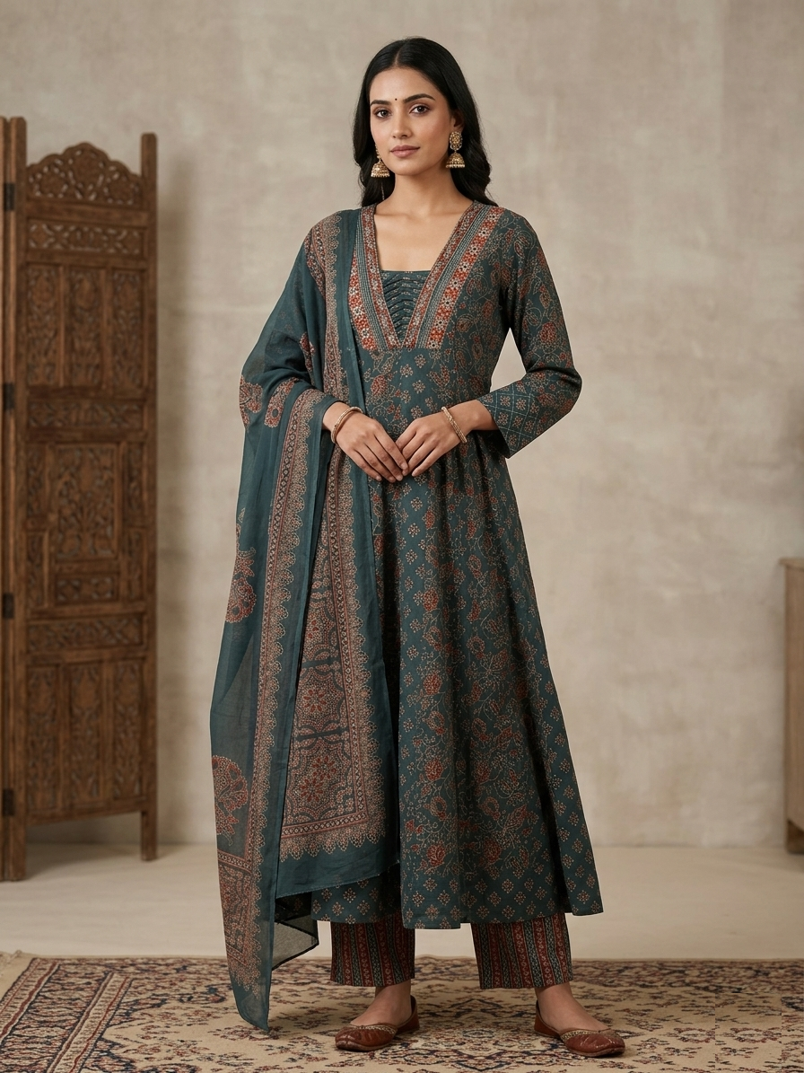 Deep Forest Green Bagru & Sanganeri Fusion Ensemble Suit Set front view featuring handblock print, earthy tones and traditional Rajasthani craft — Jiashaanti