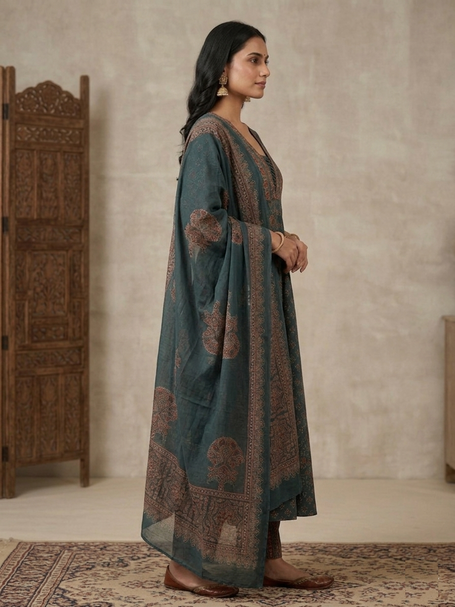 Deep Forest Green Bagru & Sanganeri Fusion Ensemble Suit Set side view highlighting layered drape, rich forest green color and premium handblock printed fabric | Jiashaanti