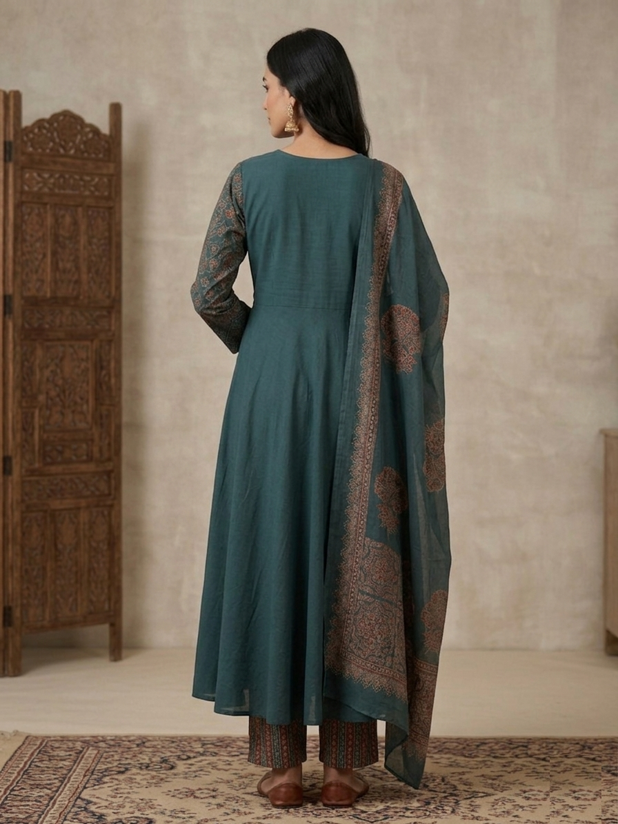 Deep Forest Green Bagru & Sanganeri Fusion Ensemble Suit Set back view showcasing intricate Bagru & Sanganeri handblock print detailing and graceful silhouette | Jiashaanti