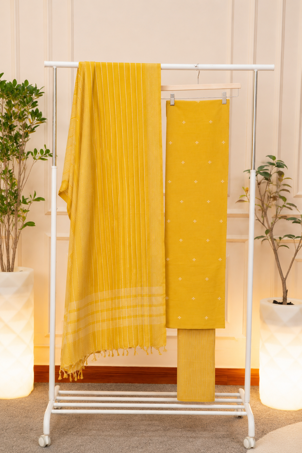 Cherful Mustard Yellow Handloom Cotton Unstitched Suit Set