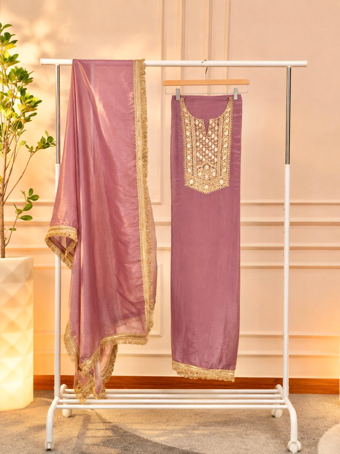Elegant Mauve-Pink Tissue Chanderi Unstitched Suit Set