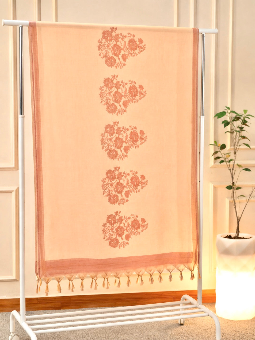 Elegant Peach & Terracotta Floral Chanderi Unstitched Suit Set