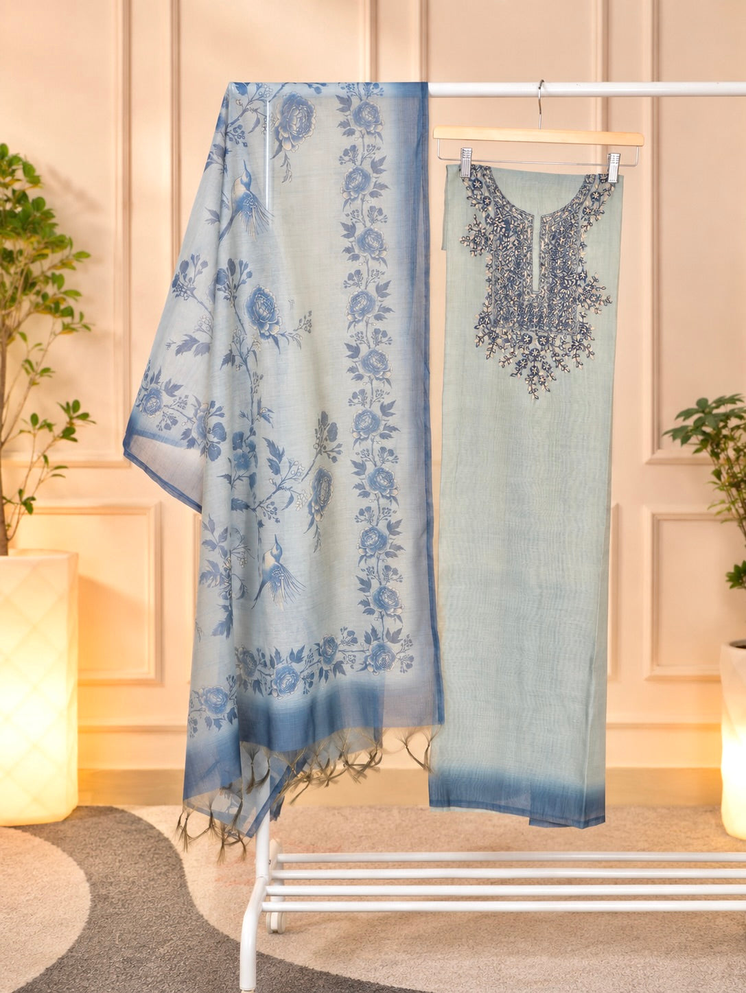 Serene Pastel Green & Blue Organza Unstitched Suit Set
