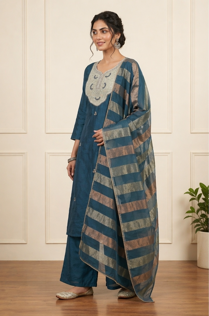 Regal Satin Silk Elegance Suit Set side view showcasing smooth satin silk texture, refined detailing and elegant silhouette