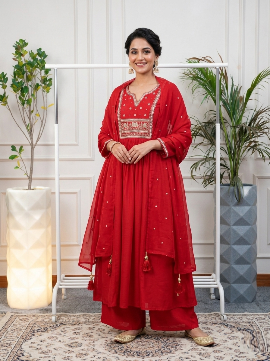 Ethereal Bloom Carmine Red Chanderi Stitched Suit Set front view featuring floral embroidery, elegant Chanderi fabric and festive ethnic design