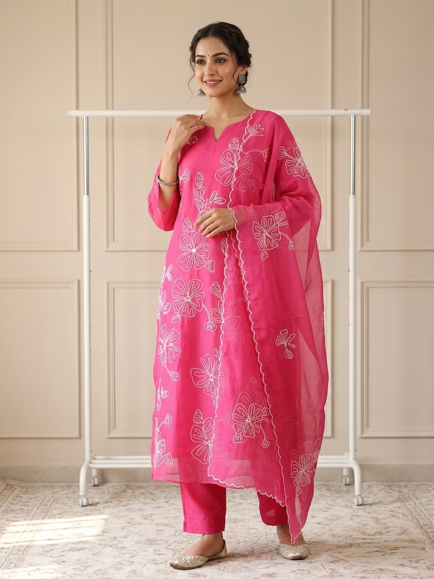 Ethereal Fuchsia Bloom Organza Stitched Suit Set front view featuring vibrant fuchsia color, floral bloom embroidery and lightweight organza fabric | Jiashaanti