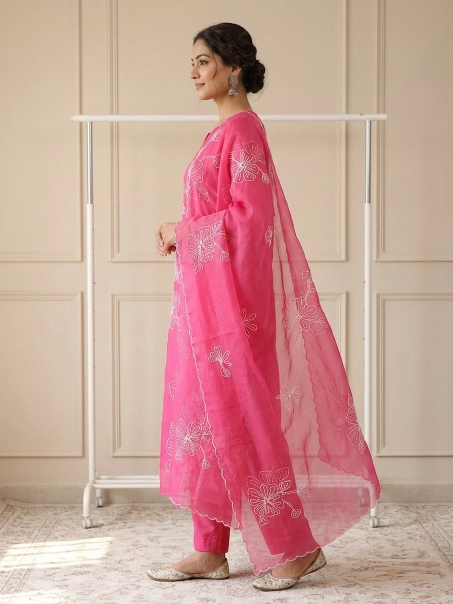 Ethereal Fuchsia Bloom Organza Stitched Suit Set side view highlighting graceful drape, vibrant fuchsia hues and premium organza embroidered fabric | Jiashaanti