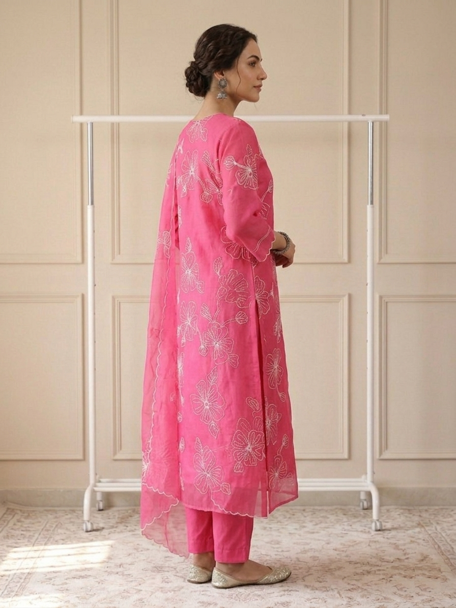 Ethereal Fuchsia Bloom Organza Stitched Suit Set side view highlighting graceful drape, vibrant fuchsia hues and premium organza embroidered fabric | Jiashaanti