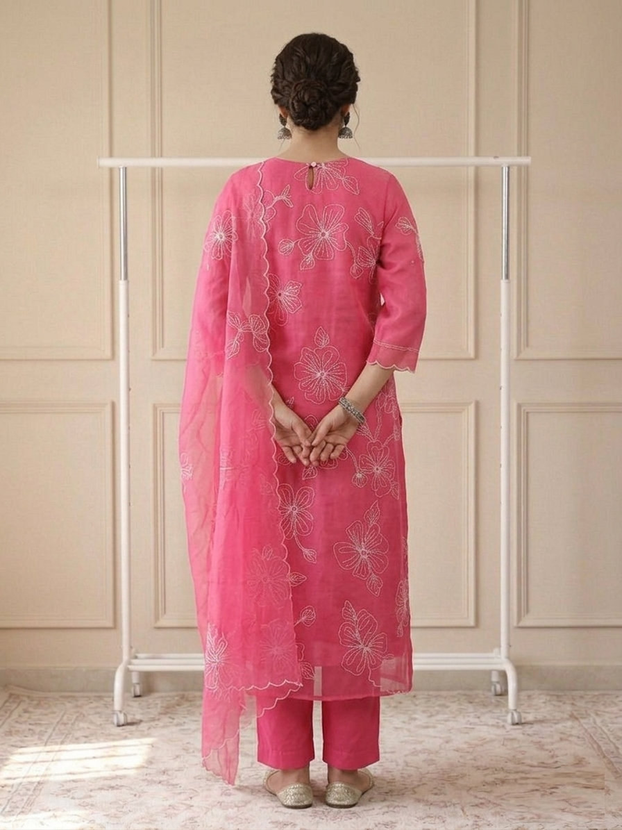 Ethereal Fuchsia Bloom Organza Stitched Suit Set back view showcasing intricate floral detailing, sheer organza fabric and elegant festive silhouette | Jiashaanti