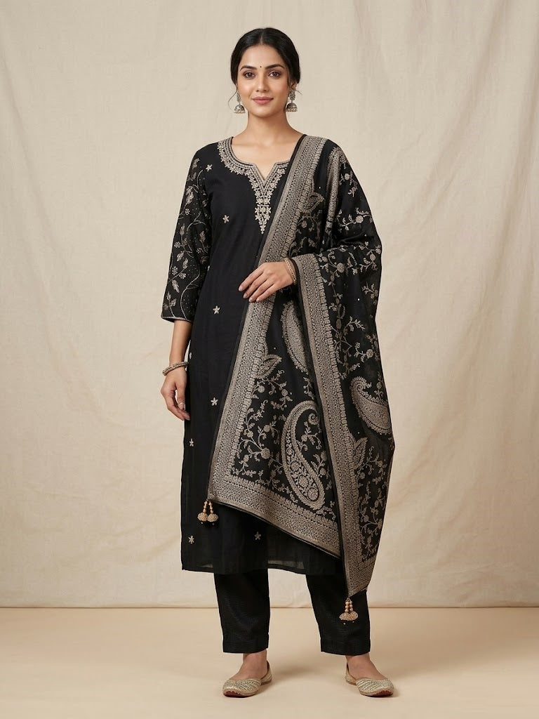 Exquisite Black Stitched Suit Set front view featuring elegant embroidery, premium fabric and sophisticated ethnic design