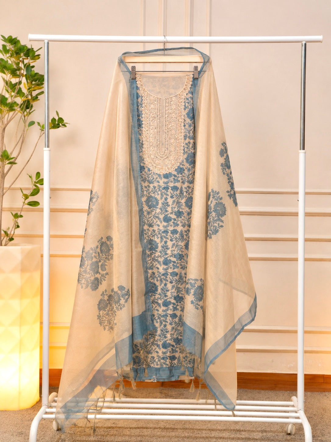 Elegant Ivory & Indigo Blue Chanderi Floral Unstitched Suit Set